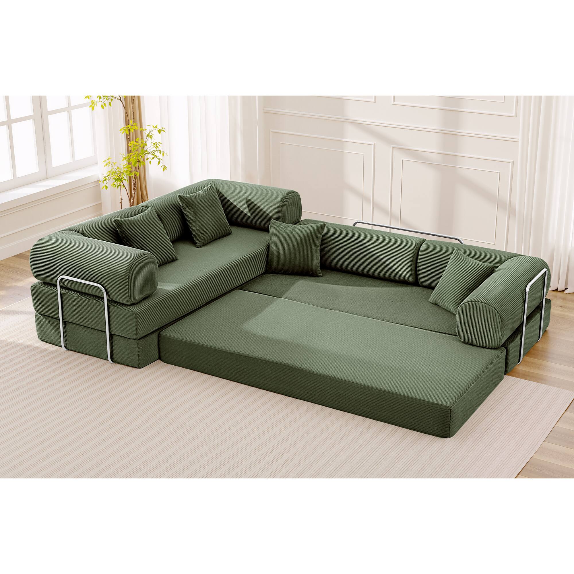 Alt View 7. KERDOM - Upholstered L Shaped Modular Sofa Bed with Chaise, Corduroy Folding Floor Convertible Sofa Couch Bed for Living Room - Olive Green.