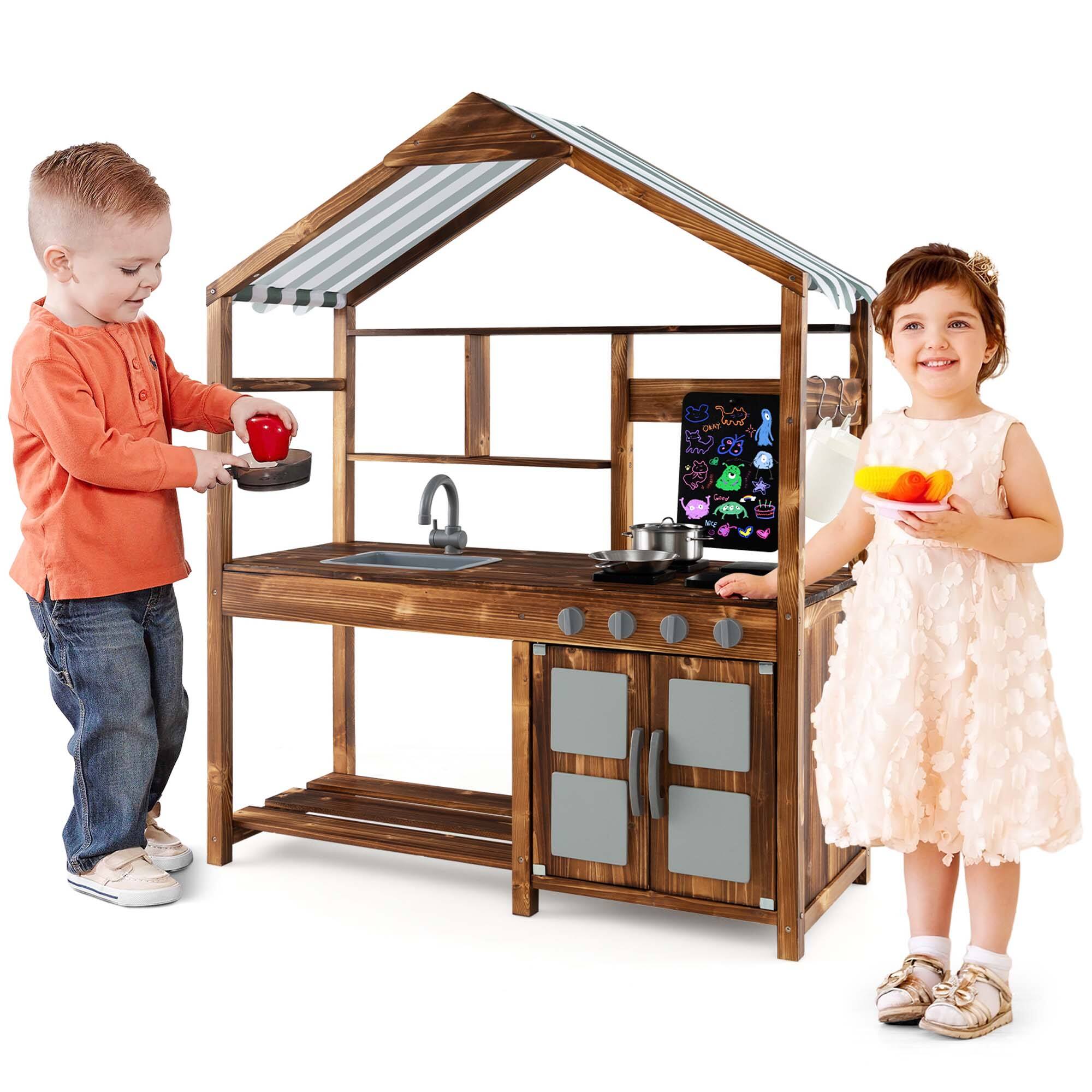 Costway - Wooden Mud Kitchen with Chalkboard, Stoves, Removable Sink & Accessories - Natural