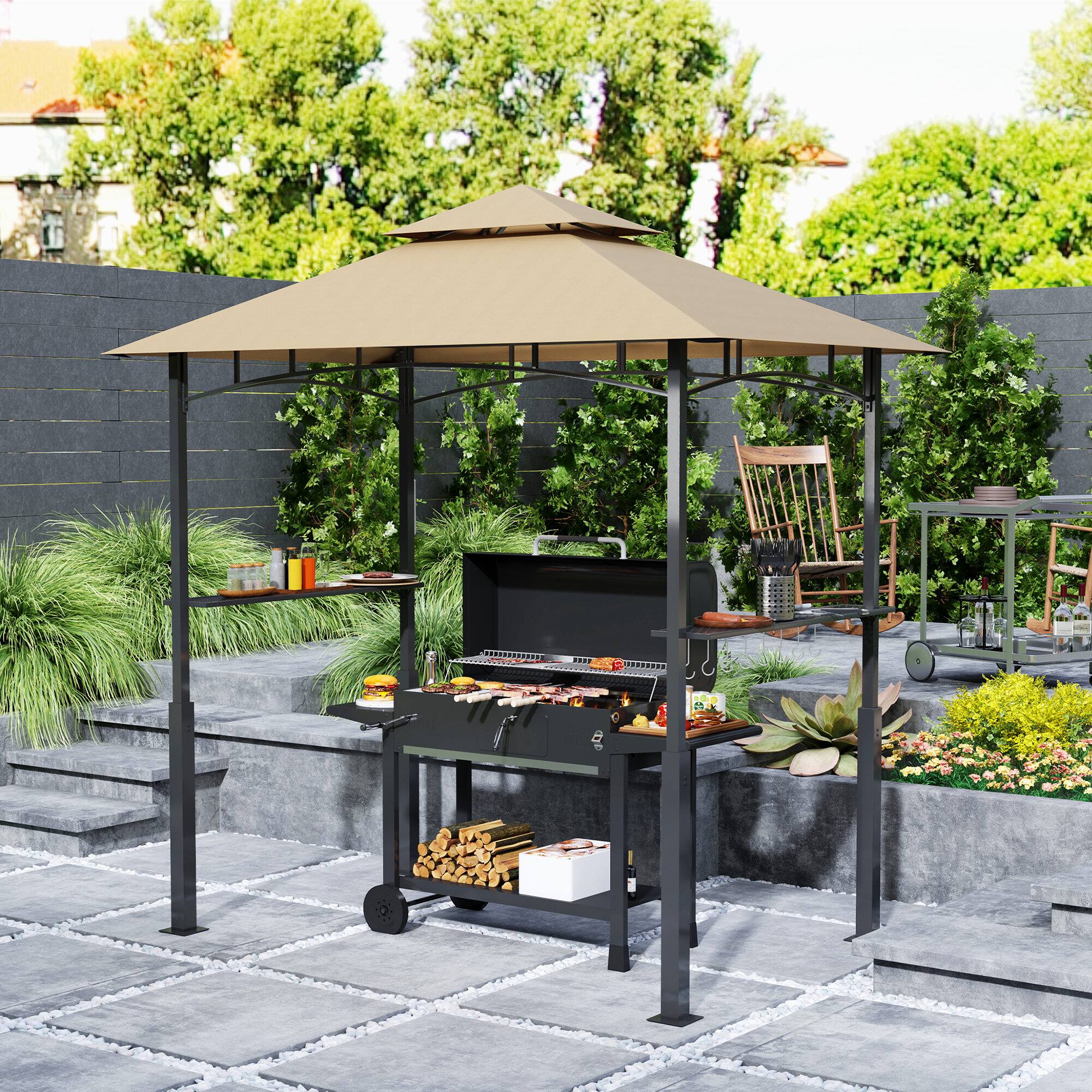 Alt View 1. Outsunny - 8' x 5' Grill Gazebo, Double Tiered Outdoor BBQ Gazebo with LED Light, 2 Side Shelves, Hooks and Bottle Opener - Brown.