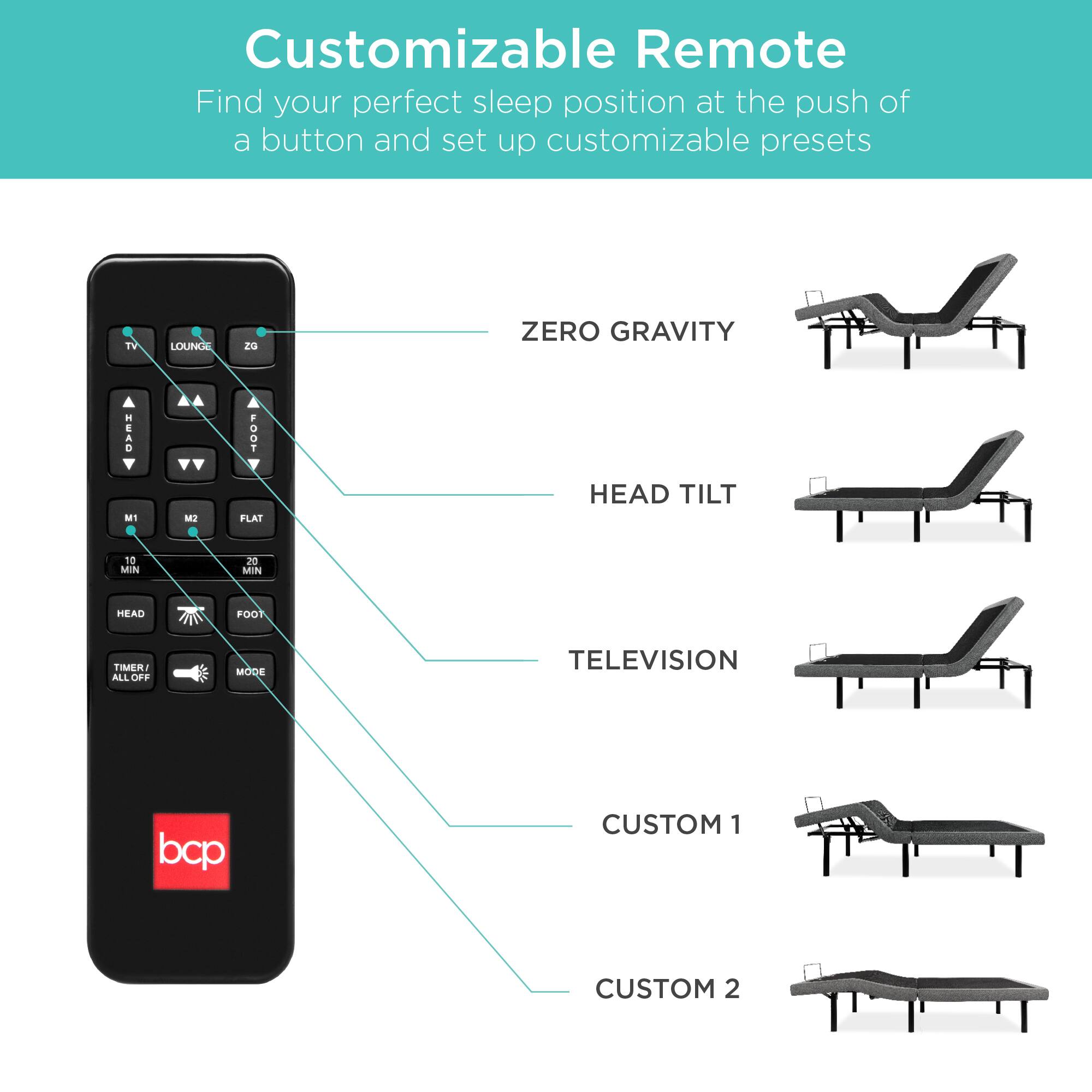 Customizable Remote: Find your perfect sleep position at the push of a button and set up customizable presets.

TV, LOUNGE, ZERO GRAVITY, HEAD TILT, FLAT, M1, M2, HEAD, FOOT, TIME (10 MIN, 20 MIN), ALL OFF, MODE, TELEVISION, CUSTOM 1, CUSTOM 2.