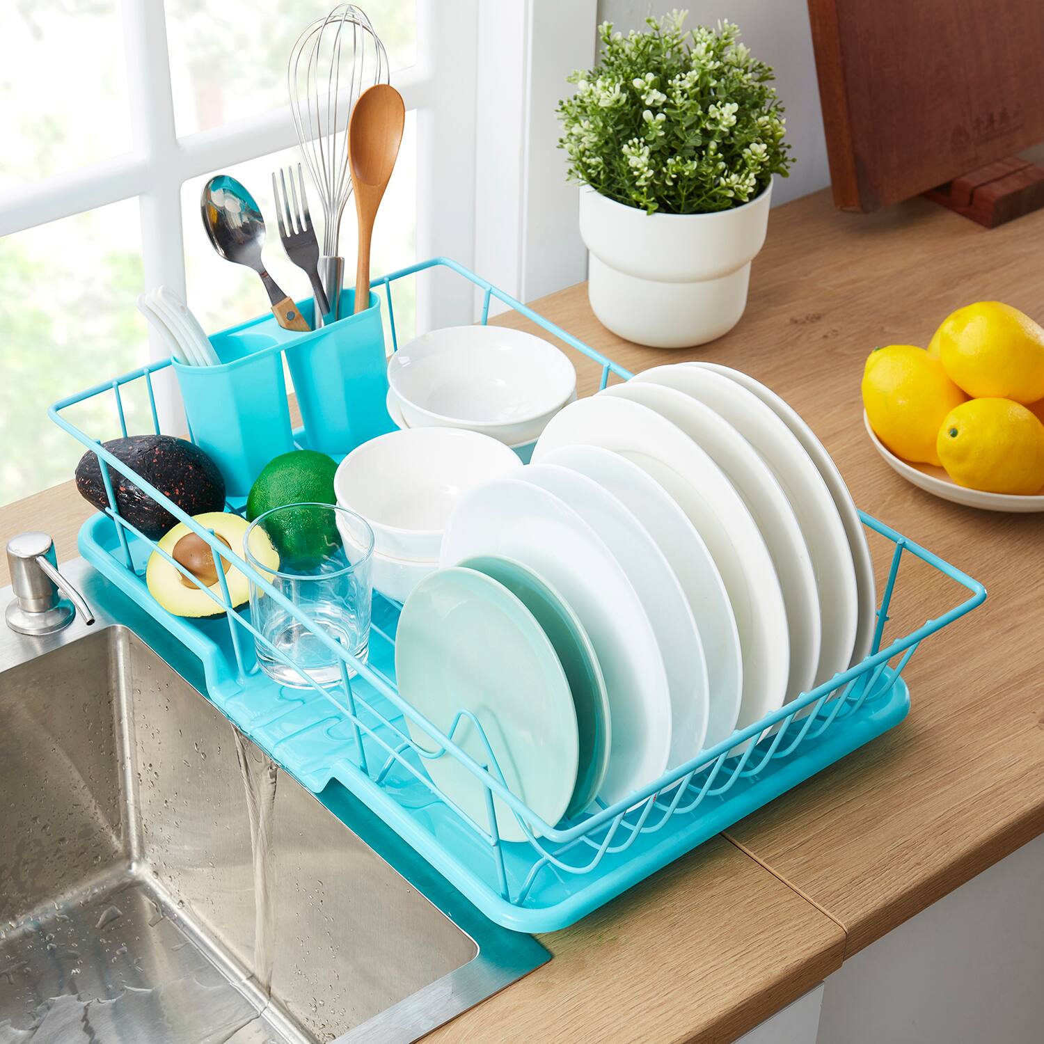 Back. Sweet Home Collection - Steel 3-Piece Large Countertop Dish Drainer with Drain Board & Utensil Holder - Turquoise.