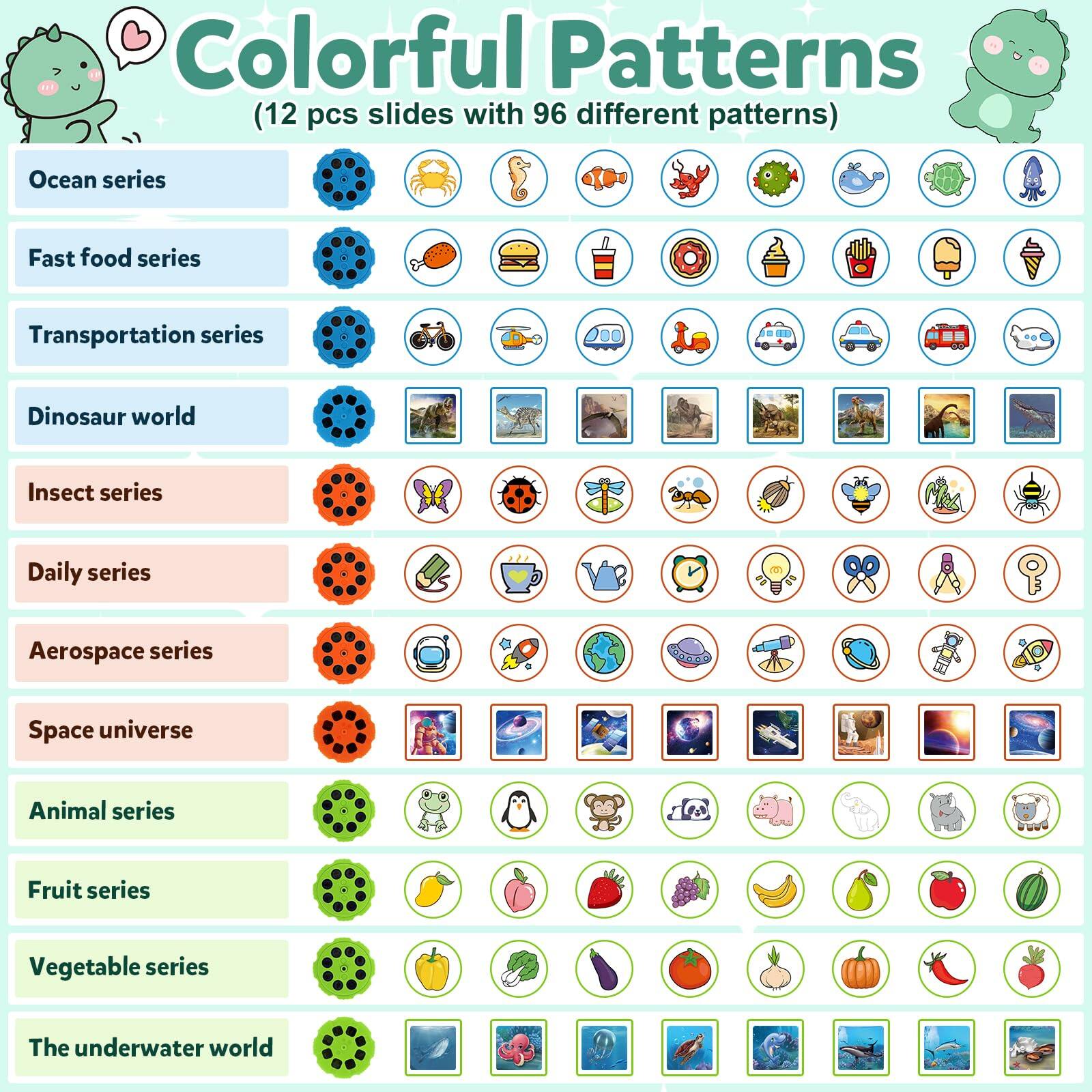 Colorful Patterns  
(12 pcs slides with 96 different patterns)

- Ocean series
- Fast food series
- Transportation series
- Dinosaur world
- Insect series
- Daily series
- Aerospace series
- Space universe
- Animal series
- Fruit series
- Vegetable series
- The underwater world