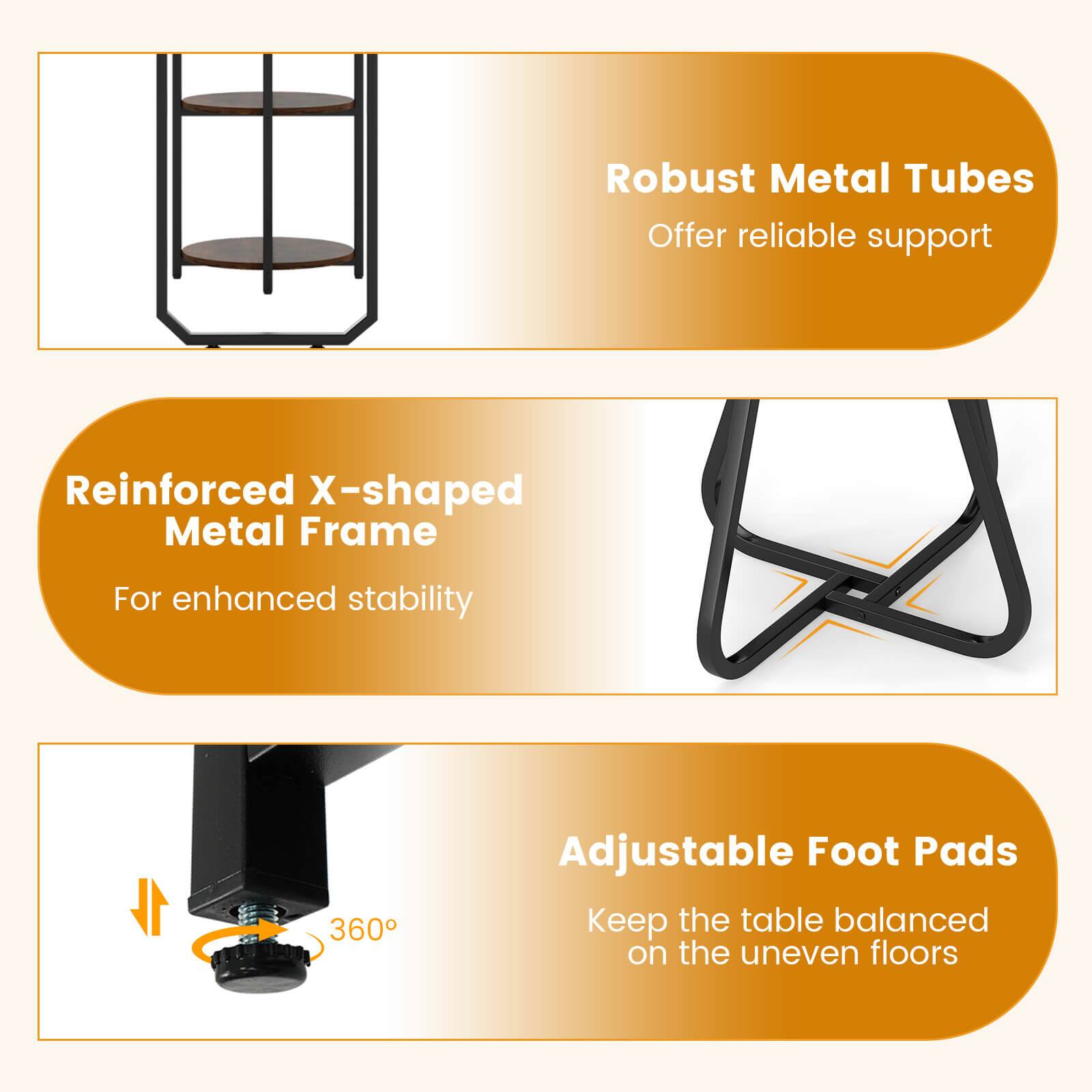 Robust Metal Tubes  
Offer reliable support  

Reinforced X-shaped Metal Frame  
For enhanced stability  

Adjustable Foot Pads  
Keep the table balanced on the uneven floors