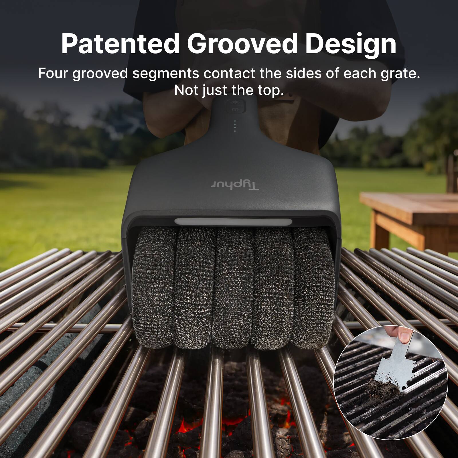 Patented Grooved Design  
Four grooved segments contact the sides of each grate. Not just the top.