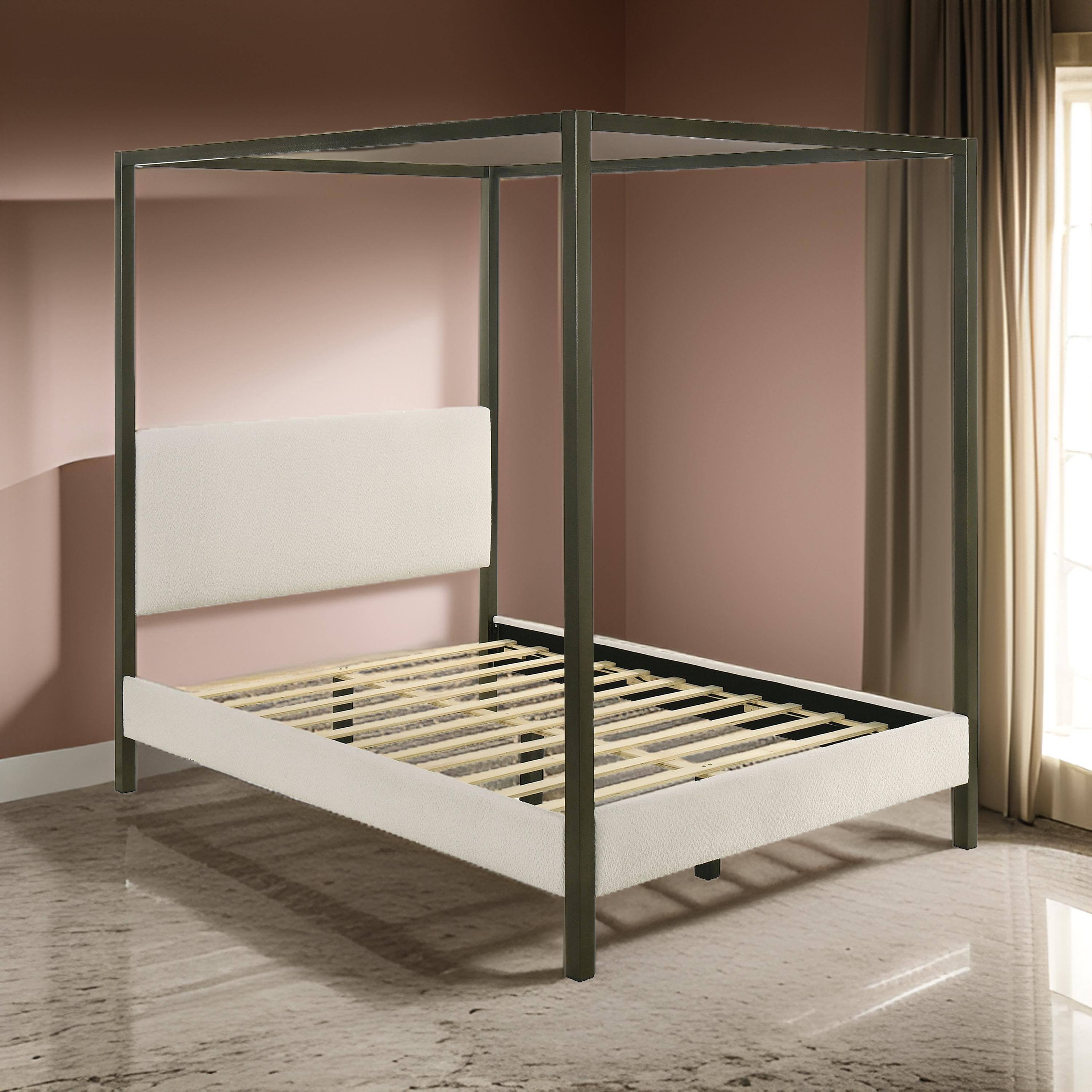 Alt View 5. Manhattan Lane - Rey Queen Size Canopy Bed, Padded Headboard, 4 Post Frame, Ivory Upholstery - Ivory, Bronze.