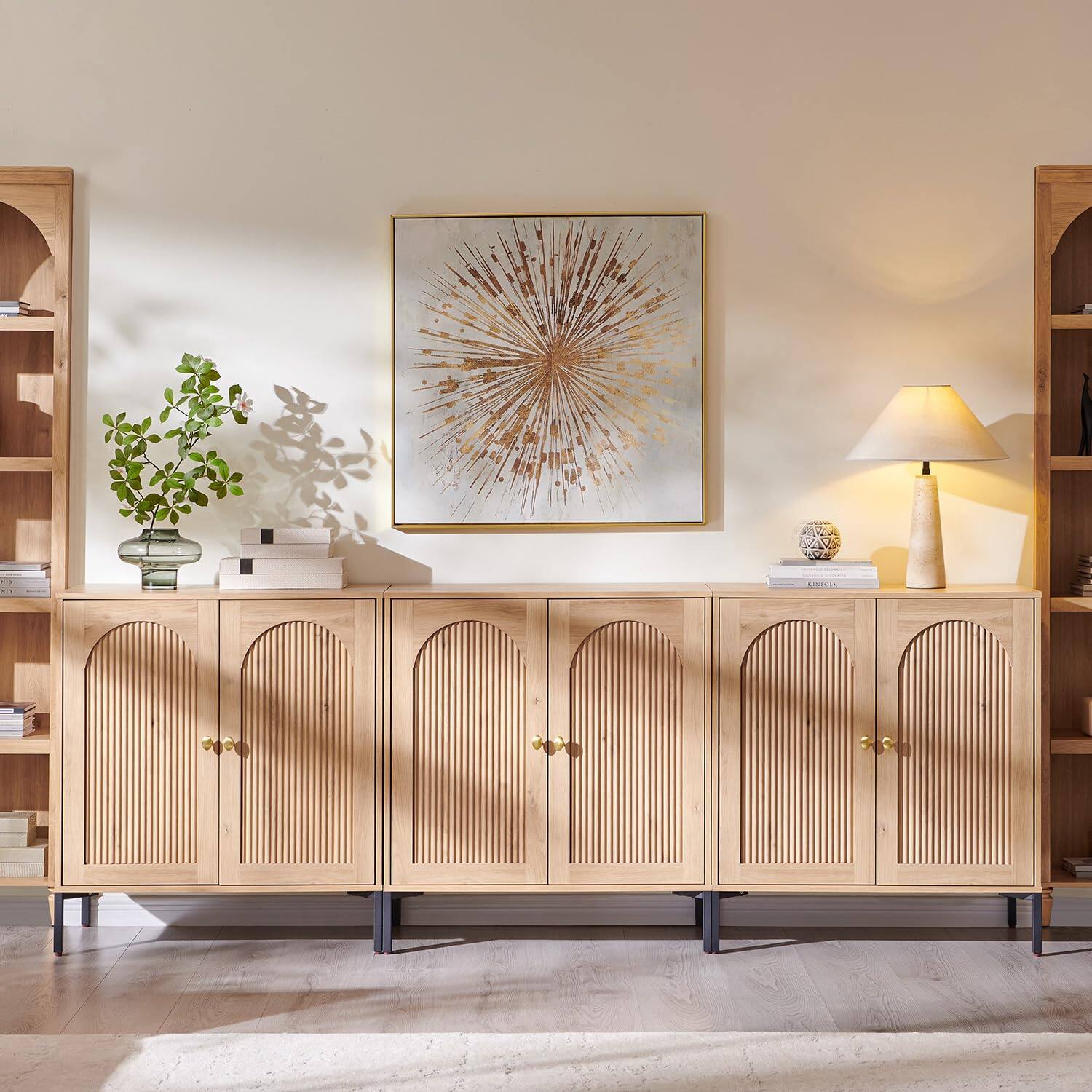 Front. OMOMMD - Fluted Arched Buffet Sideboard, Modular Coffee Bar with Adjustable Shelves - Natural 3 Pieces.