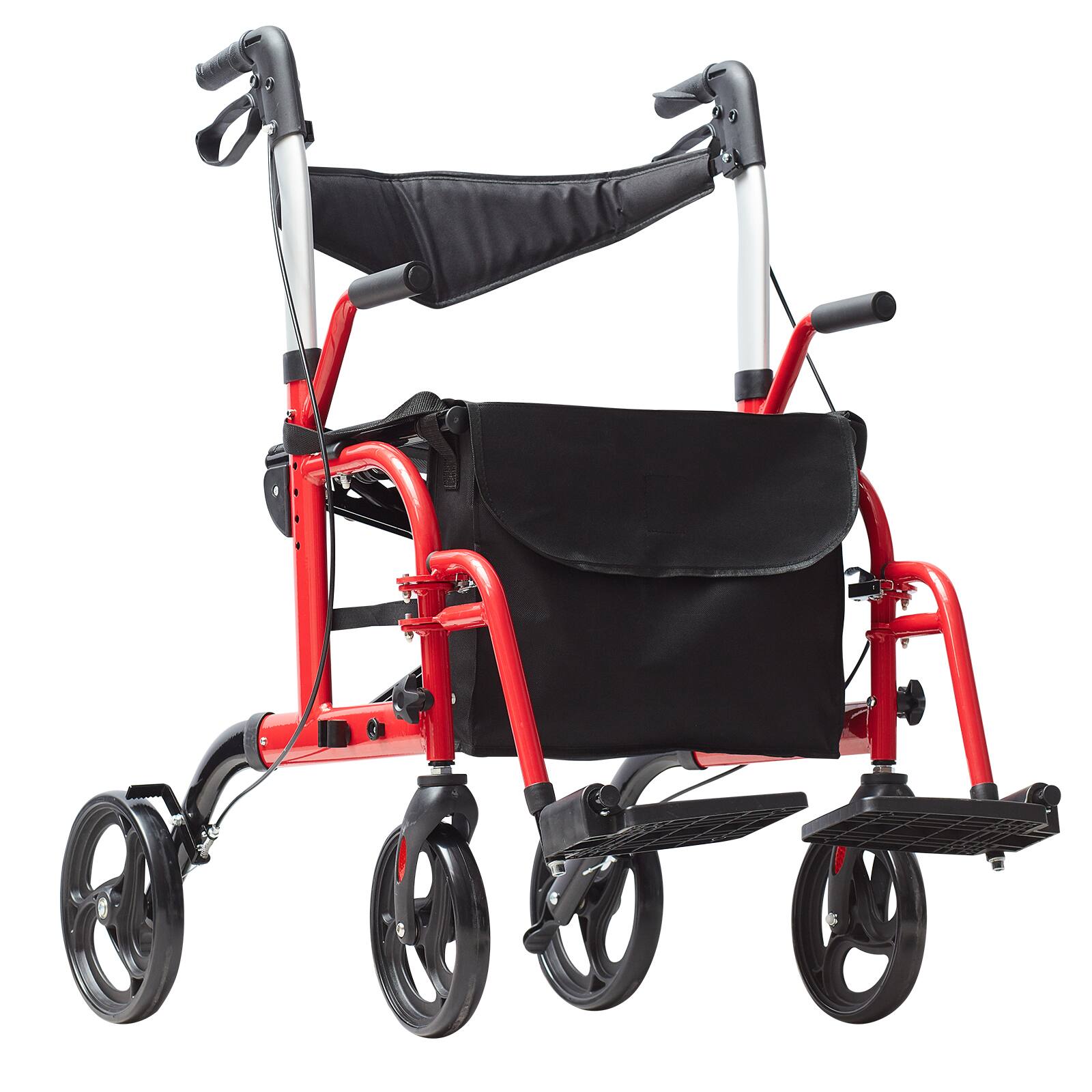 Alt View 5. VEVOR - 2 in 1 Rollator Walker & Transport Chair for Seniors, Folding Rolling Walker Wheelchair Combo & Footrests - Red.