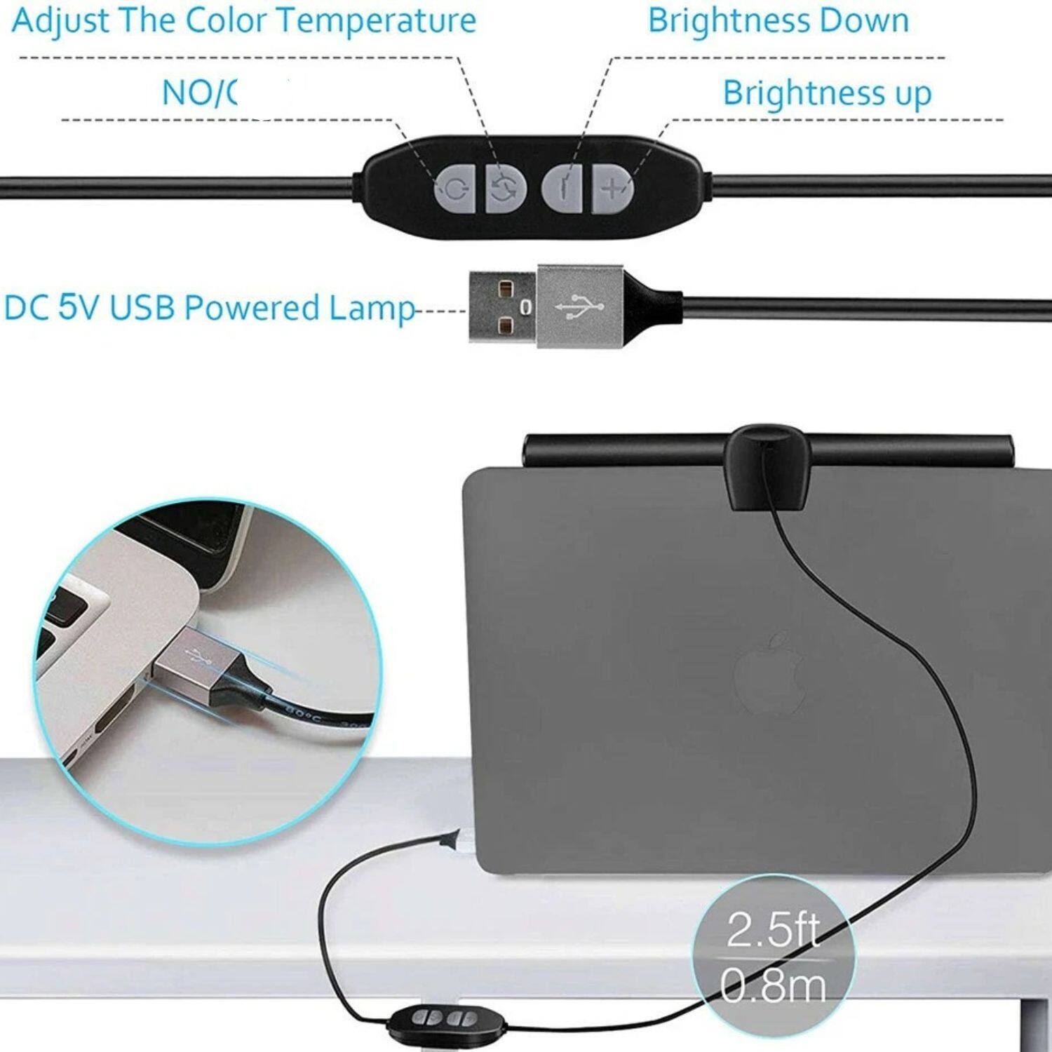 Adjust The Color Temperature, Brightness Down, Brightness up, DC 5V USB Powered Lamp, 2.5ft 0.8m