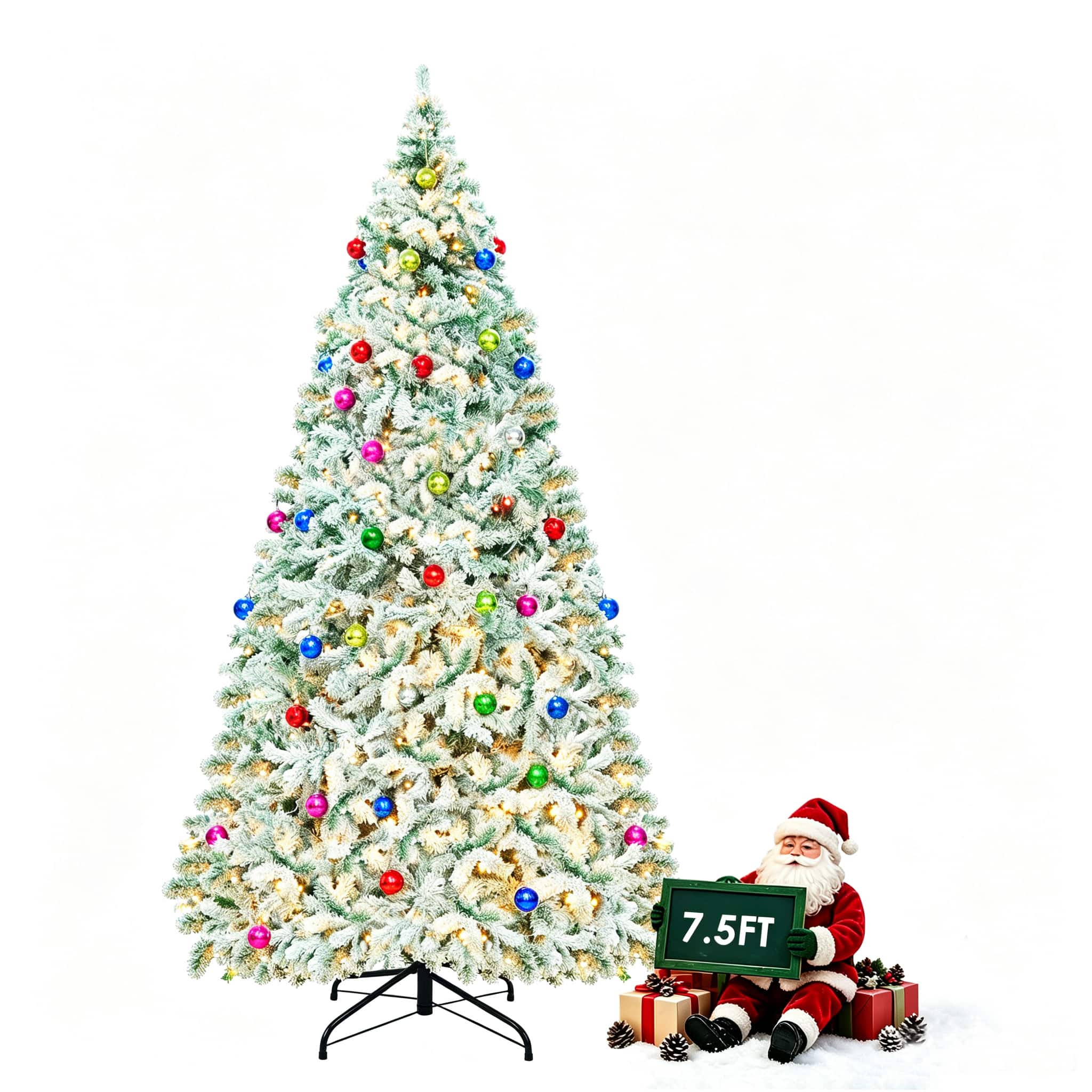 Front. VAVSEA - 7.5FT Flocked Christmas Tree with 1200 Tips 350 LED Lights Remote Control Metal Stand Tree Skirt Ornaments and Storage B - White.