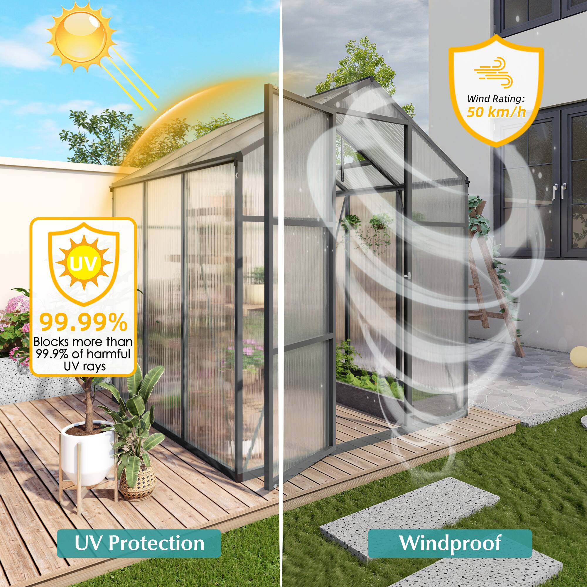 Wind Rating: 50 km/h  
UV Protection: 99.99%  
Blocks more than 99.9% of harmful UV rays  
Windproof
