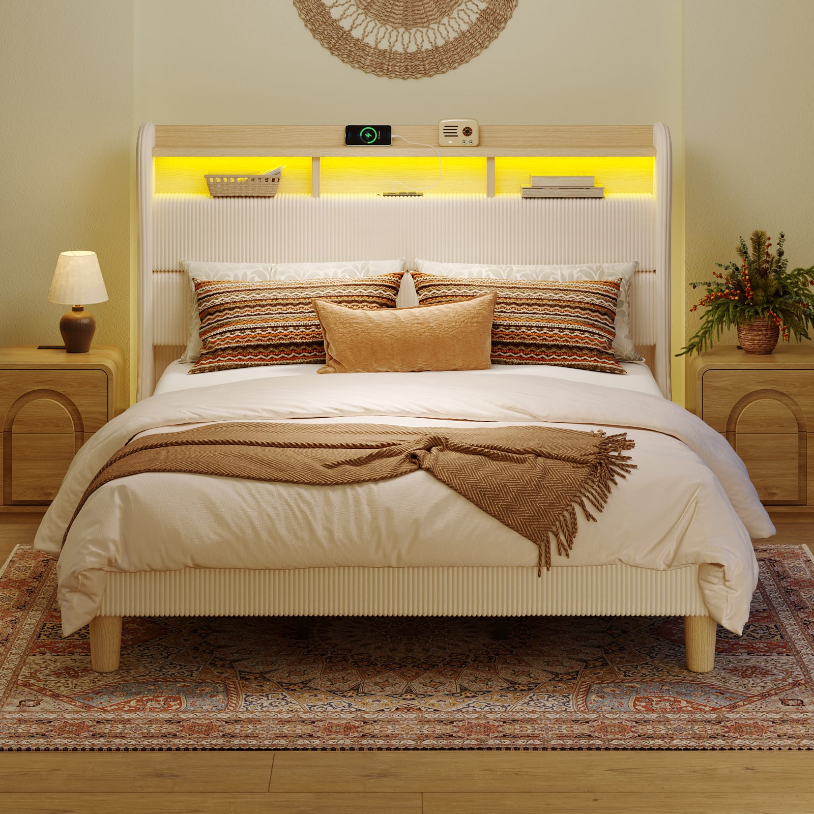 Bestier - Upholstered Platform Bed Frame - 51" Tall Storage Headboard with Charging Station, RGB LED Lights & Corduroy Fabric - Off White