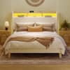 Front. Bestier - Upholstered Platform Bed Frame - 51" Tall Storage Headboard with Charging Station, RGB LED Lights & Corduroy Fabric - Off White.