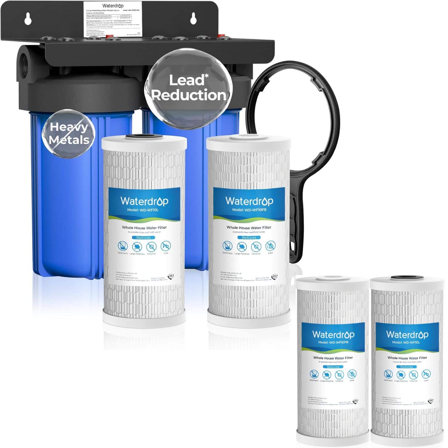 Waterdrop - WD-WHF21-PBL 2 Stage Whole House Water Filter System, with Carbon and Sediment Filter Extra WD-WF10PBL Filters - Blue