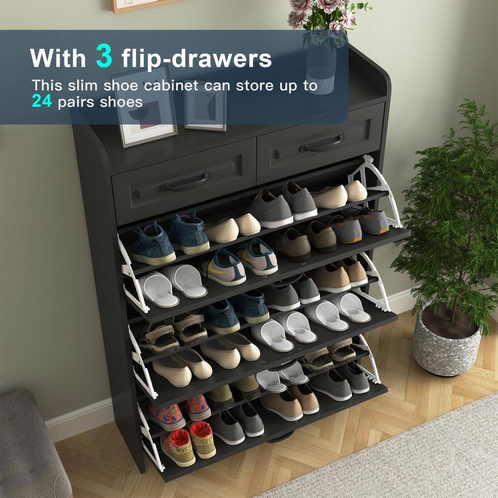 With 3 flip-drawers  
This slim shoe cabinet can store up to 24 pairs of shoes