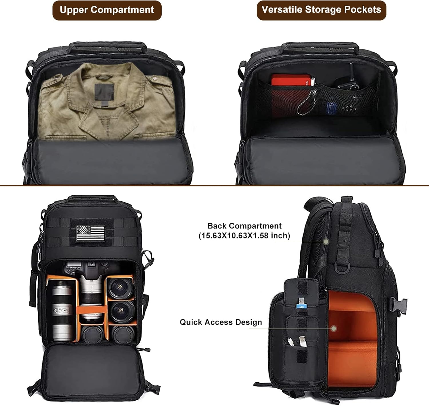 Upper Compartment  
Versatile Storage Pockets  
Back Compartment (15.63X10.63X1.58 inch)  
Quick Access Design