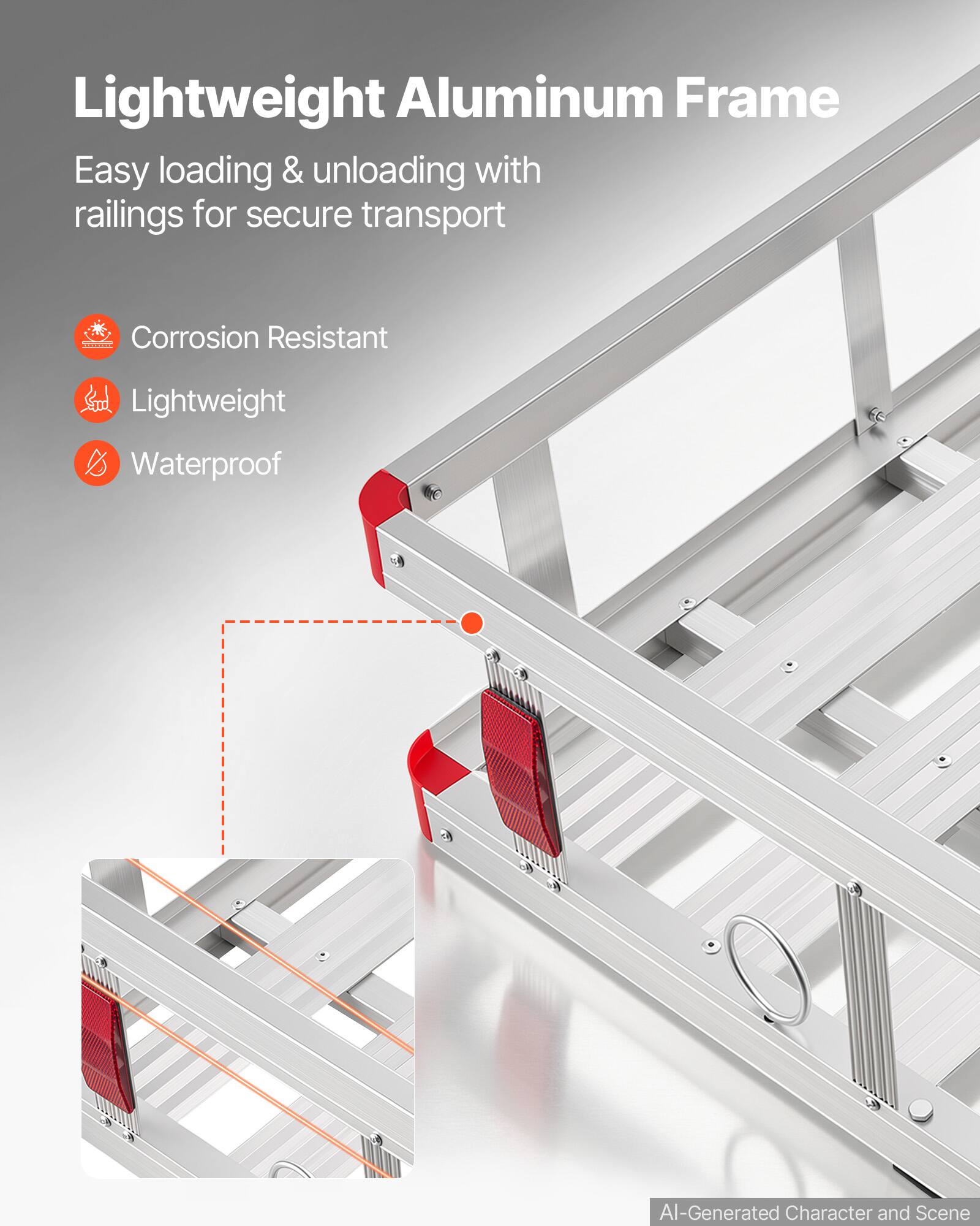 Lightweight Aluminum Frame  
Easy loading & unloading with railings for secure transport  
Corrosion Resistant  
Lightweight  
Waterproof  
AI-Generated Character and Scene