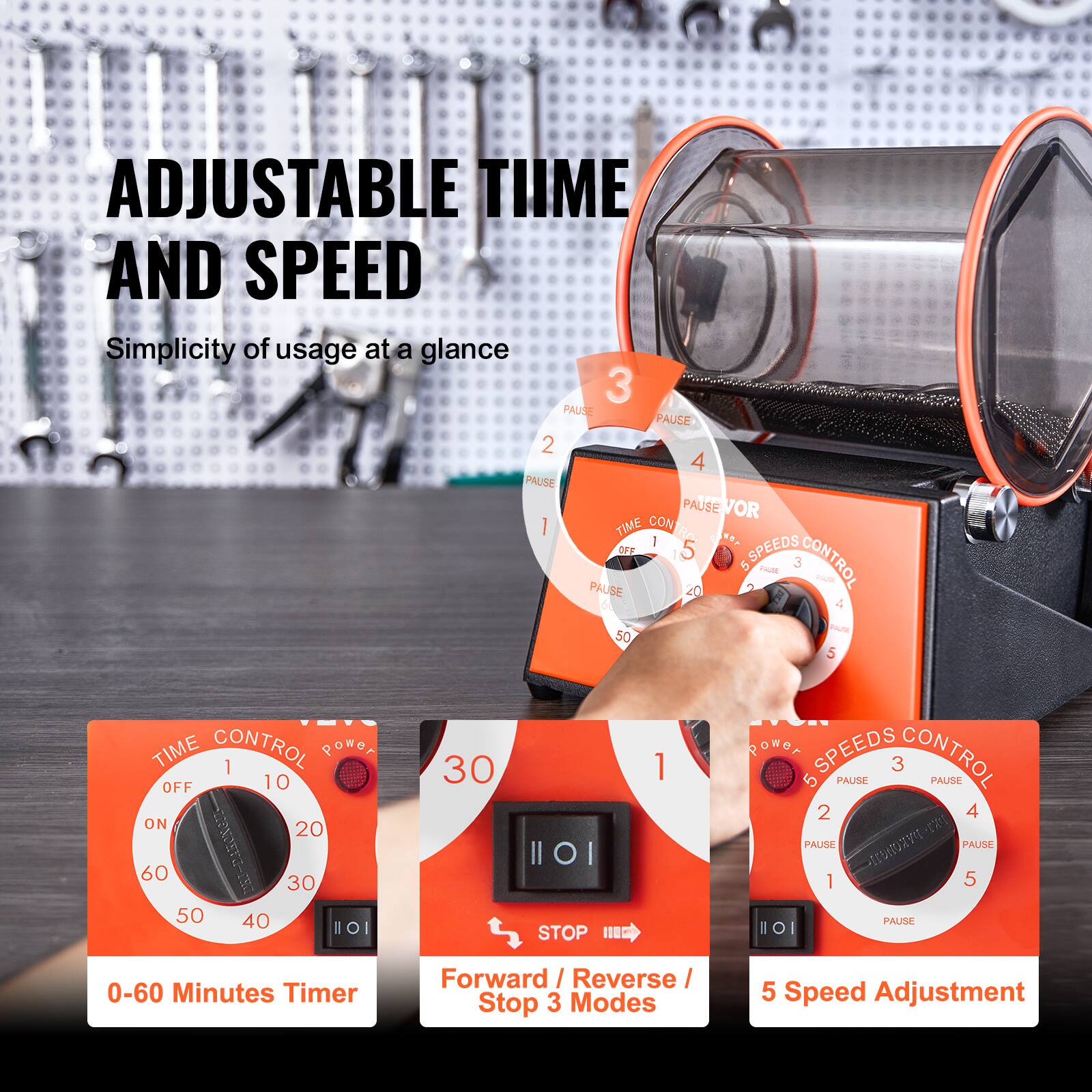 ADJUSTABLE TIME AND SPEED  
Simplicity of usage at a glance  

- 0-60 Minutes Timer  
- Forward / Reverse / Stop 3 Modes  
- 5 Speed Adjustment  

TIME CONTROL  
- OFF  
- 10  
- 20  
- 30  
- 40  
- 50  
- 60  

SPEEDS CONTROL  
- 1  
- 2  
- 3  
- 4  
- 5  
- PAUSE