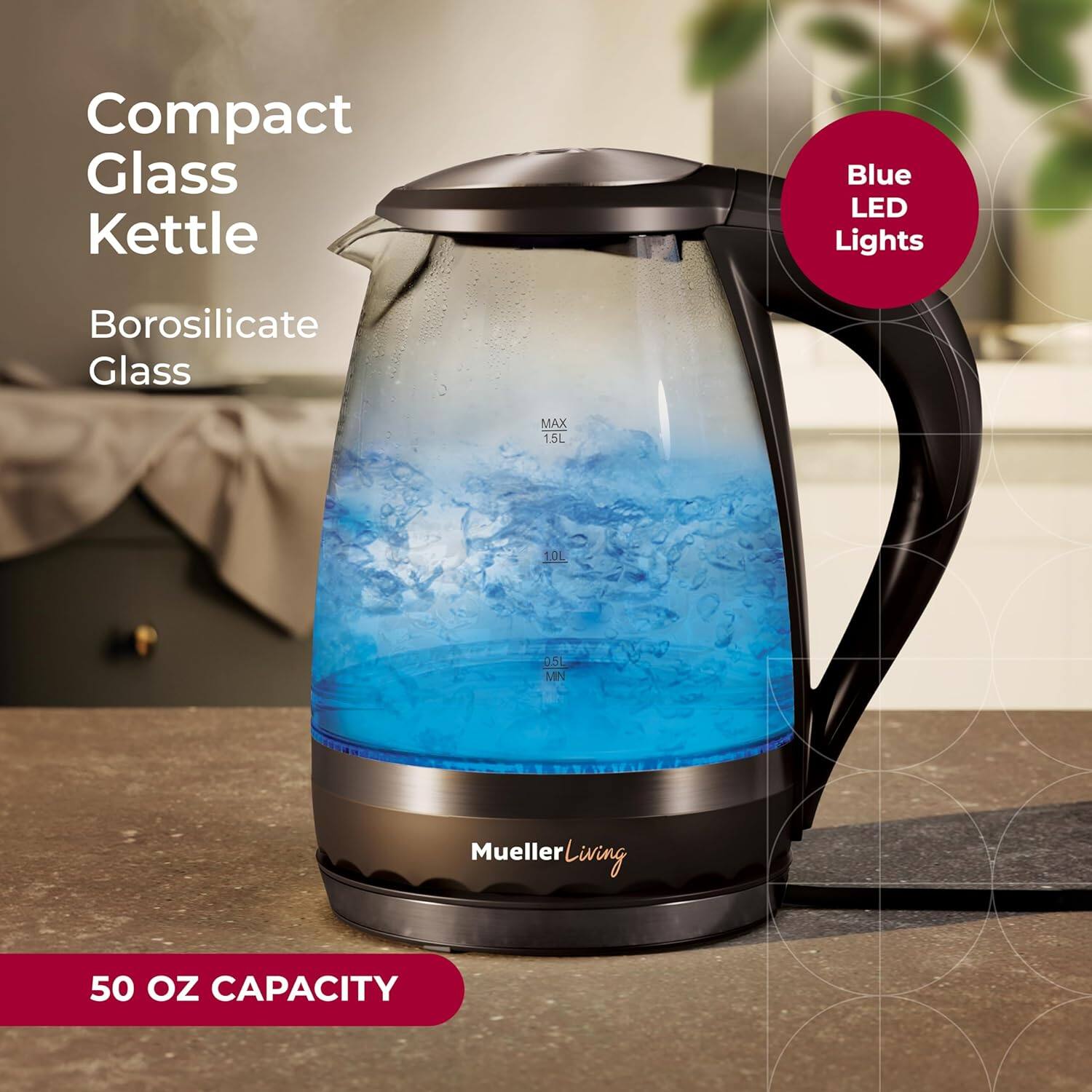 Compact Glass Kettle, Borosilicate Glass, Blue LED Lights, Mueller Living, 50 OZ CAPACITY