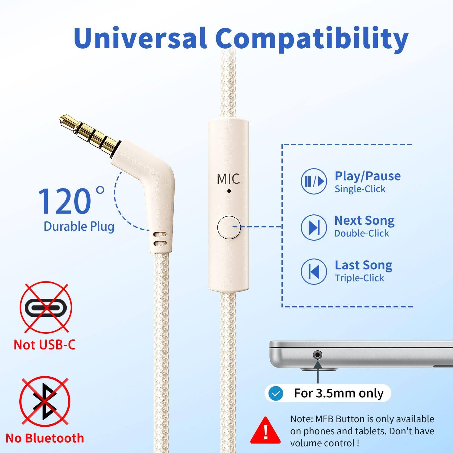 Universal Compatibility

120° Durable Plug

- Not USB-C
- No Bluetooth

For 3.5mm only

Play/Pause
- Single-Click

Next Song
- Double-Click

Last Song
- Triple-Click

Note: MFB Button is only available on phones and tablets. Don't have volume control!