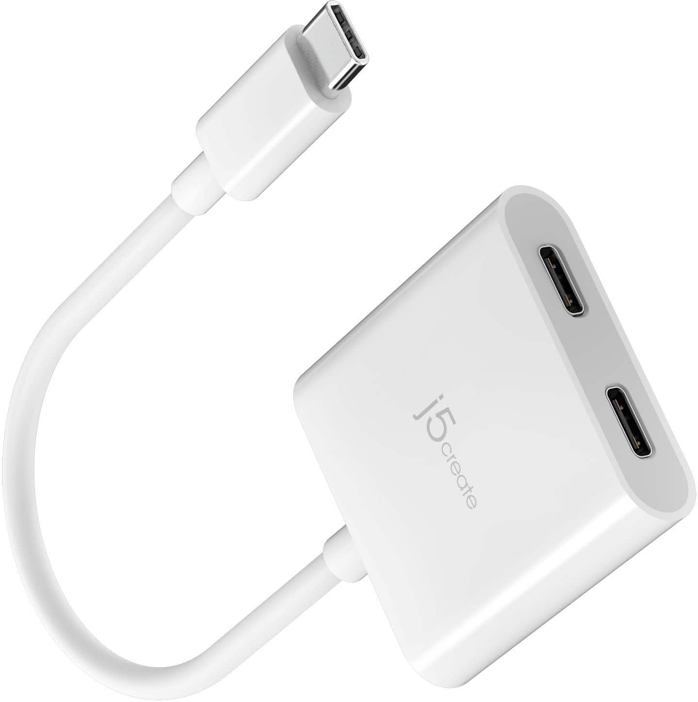 Angle. j5create - Male USB-C to Female Dual USB-C Adapter with Video or Power Delivery - White.