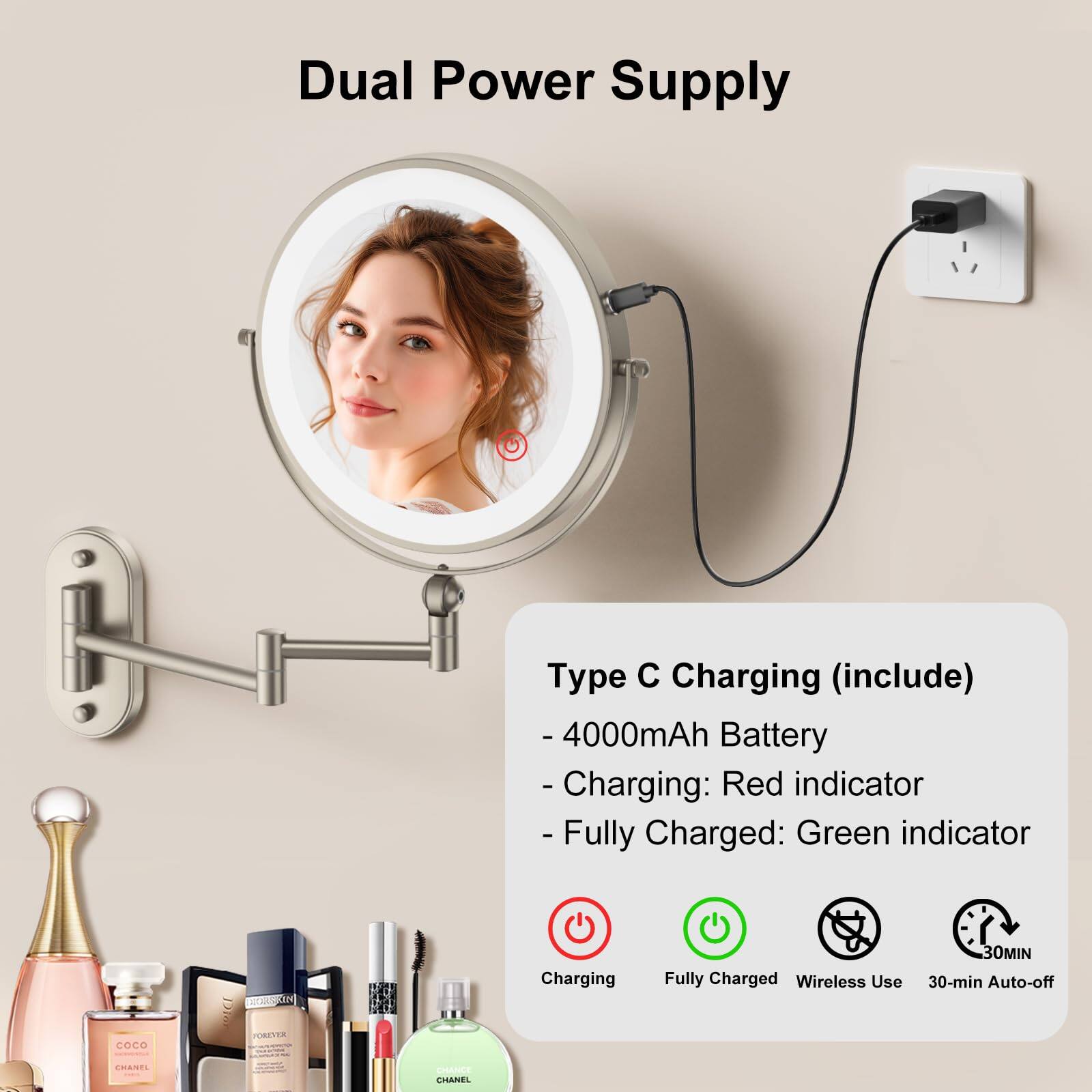 Dual Power Supply

Type C Charging (include)
- 4000mAh Battery
- Charging: Red indicator
- Fully Charged: Green indicator

Charging
Fully Charged
Wireless Use
30-min Auto-off