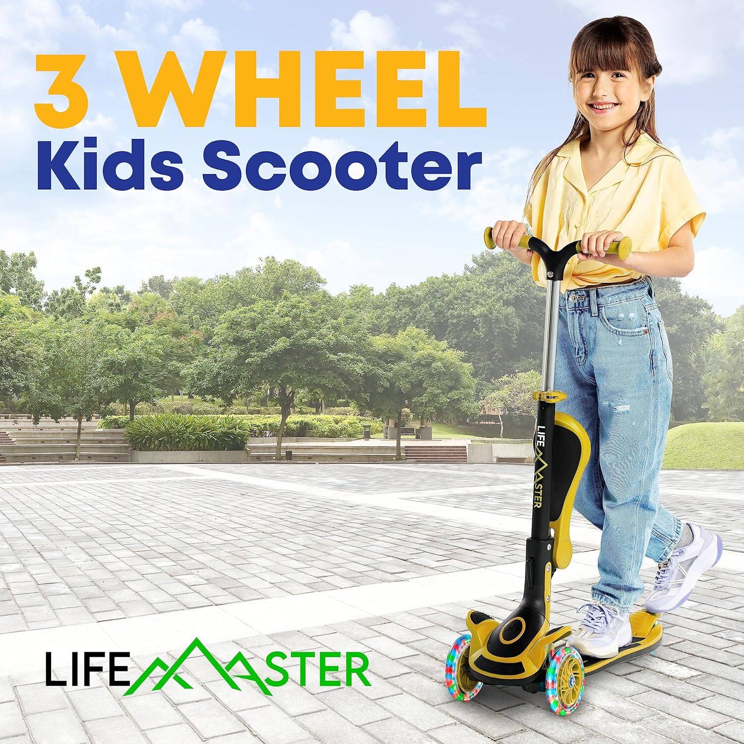 Lifemaster 3 Wheel Kids Scooter with Foldable Seat and LED