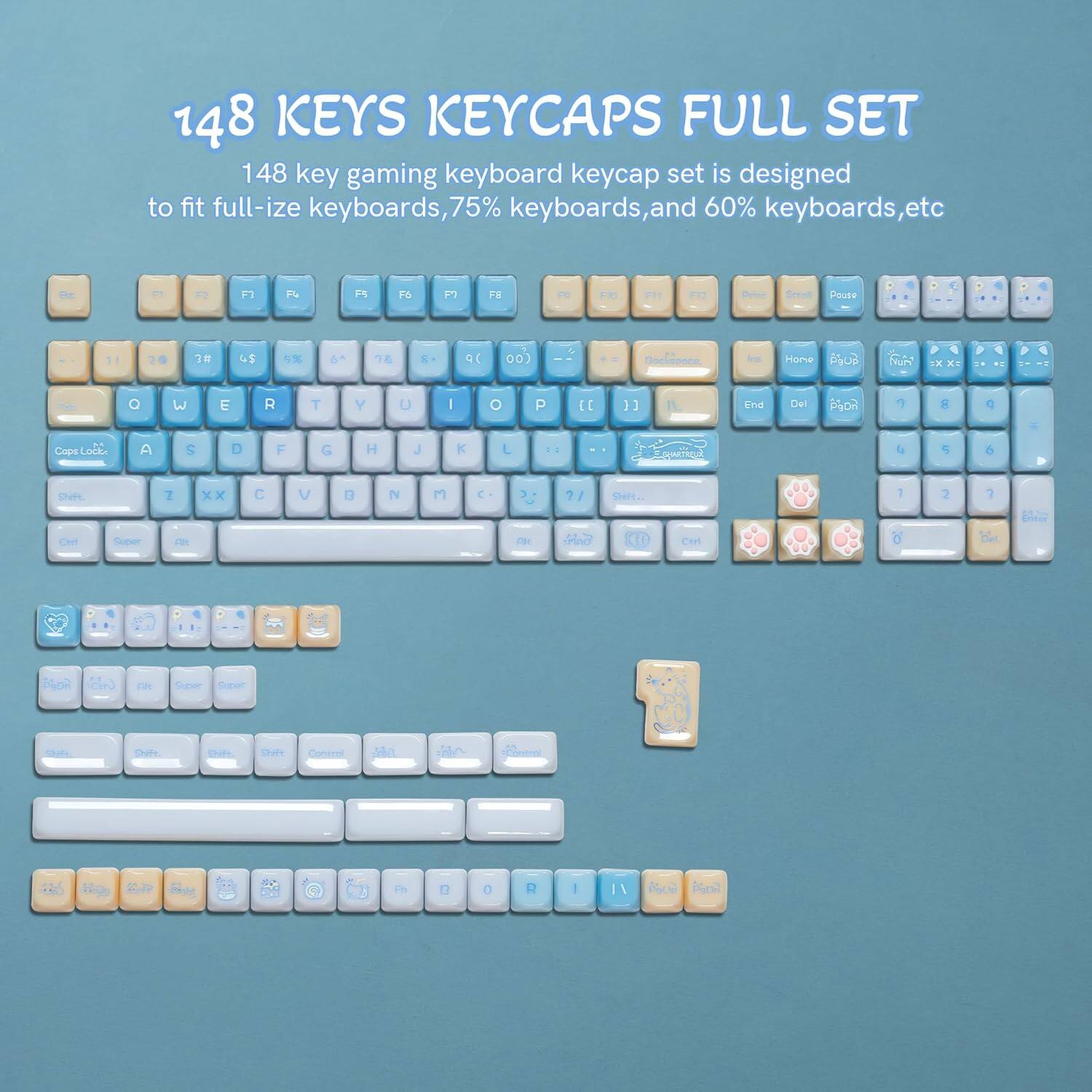 148 KEYS KEYCAPS FULL SET

148 key gaming keyboard keycap set is designed to fit full-size keyboards, 75% keyboards, and 60% keyboards, etc.

F1 F2 F3 F4 F5 F6 F7 F8 F9 F10 F11 F12

Q W E R T Y U I O P

A S D F G H J K L

Z X C V B N M

Caps Lock

Shift

Ctrl

Alt

Space

Ctrl

Alt

Fn

Home 20 FUN EX x: O w E A T Y U - C P EC )3 End Del PoR Cope Lote A S D F G H J K L 1 DUNR Dhee Z x C V D N M C ?/ Chafe 1 2 7 Can Tuper OF OE un Corl PGoR cin CH Ceer Ceet Dote Doh Cofe Dhuft Control Sn  Contral Fn  0 R I I 1\  Pie