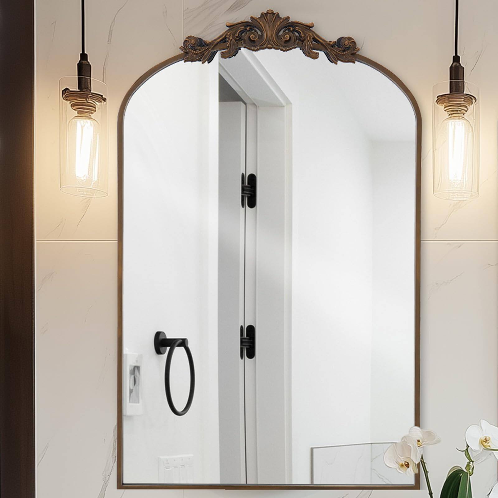 Alt View 1. Comfort Essence - Filigree Arched Wall Mirror 26"x38" Retro Wall-mounted With Vintage Ornate Carved Applique Hanging Leanin... - Gold-38"L x 26"W.