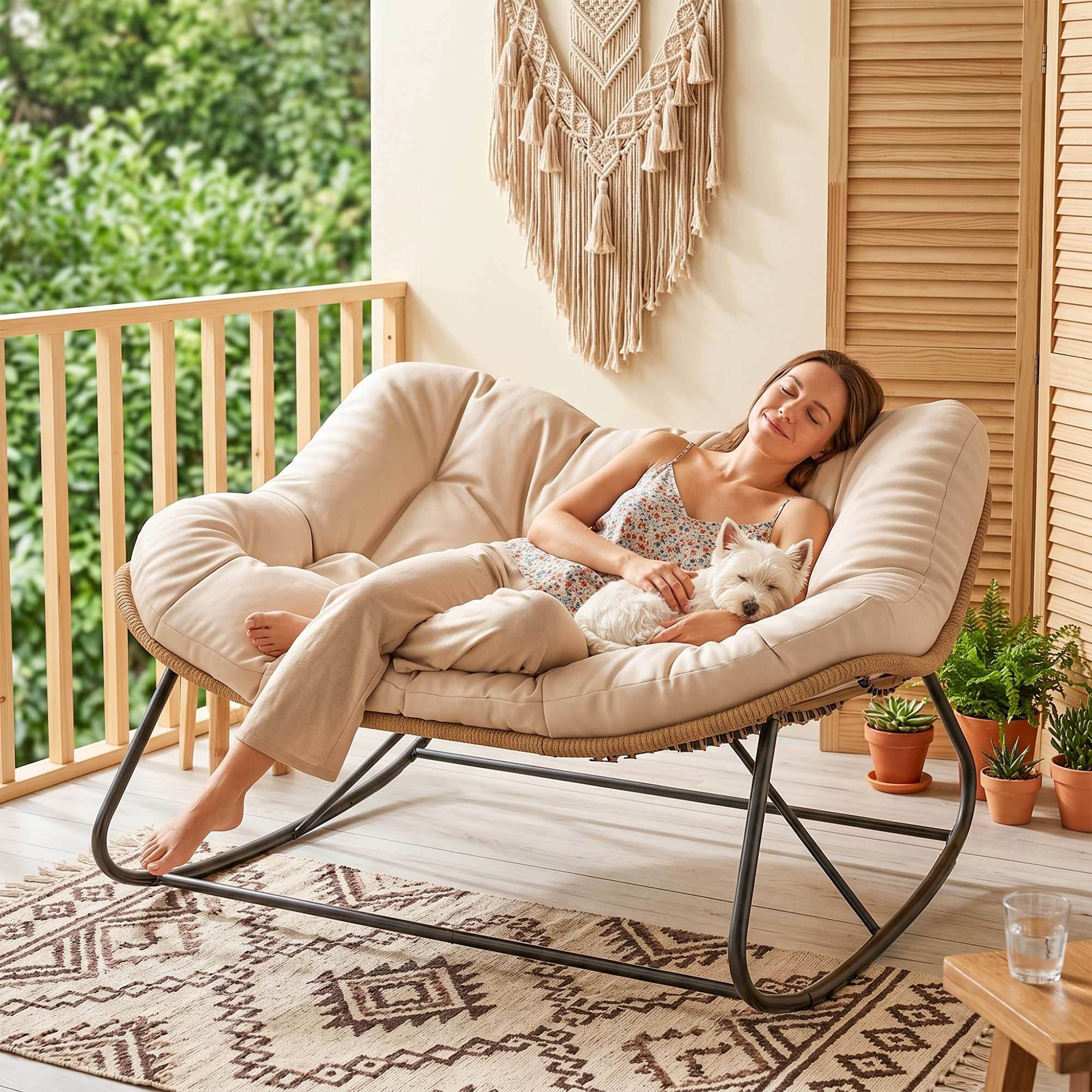 Alt View 8. Outsunny - Outdoor Double Papasan Rocking Chair, Oversized Rocking Egg Chair with Cushion for Garden, Patio - Cream White.