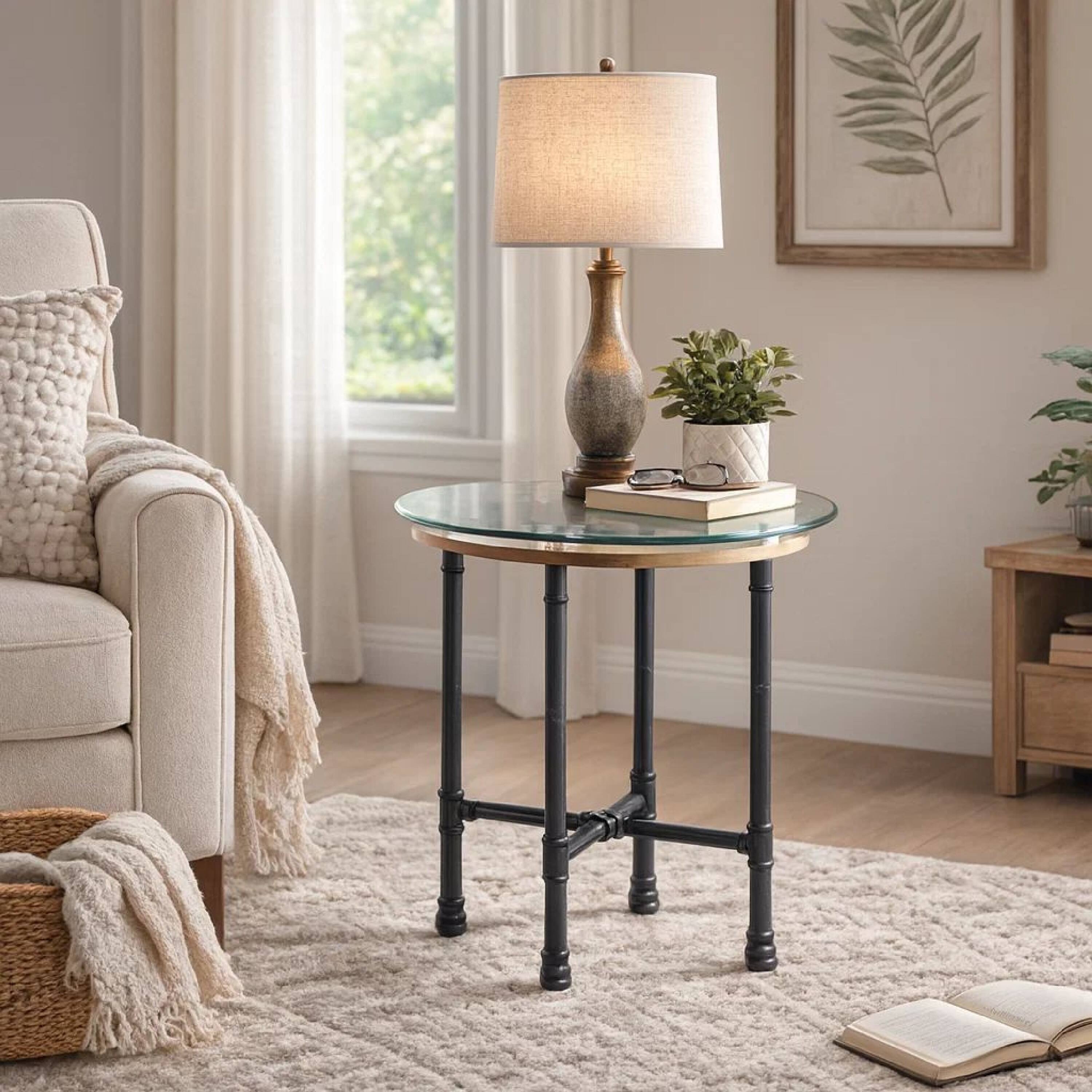 Alt View 8. Manhattan Lane - End Table with Round Glass Top and Metal Pipe Style Legs - Gray.