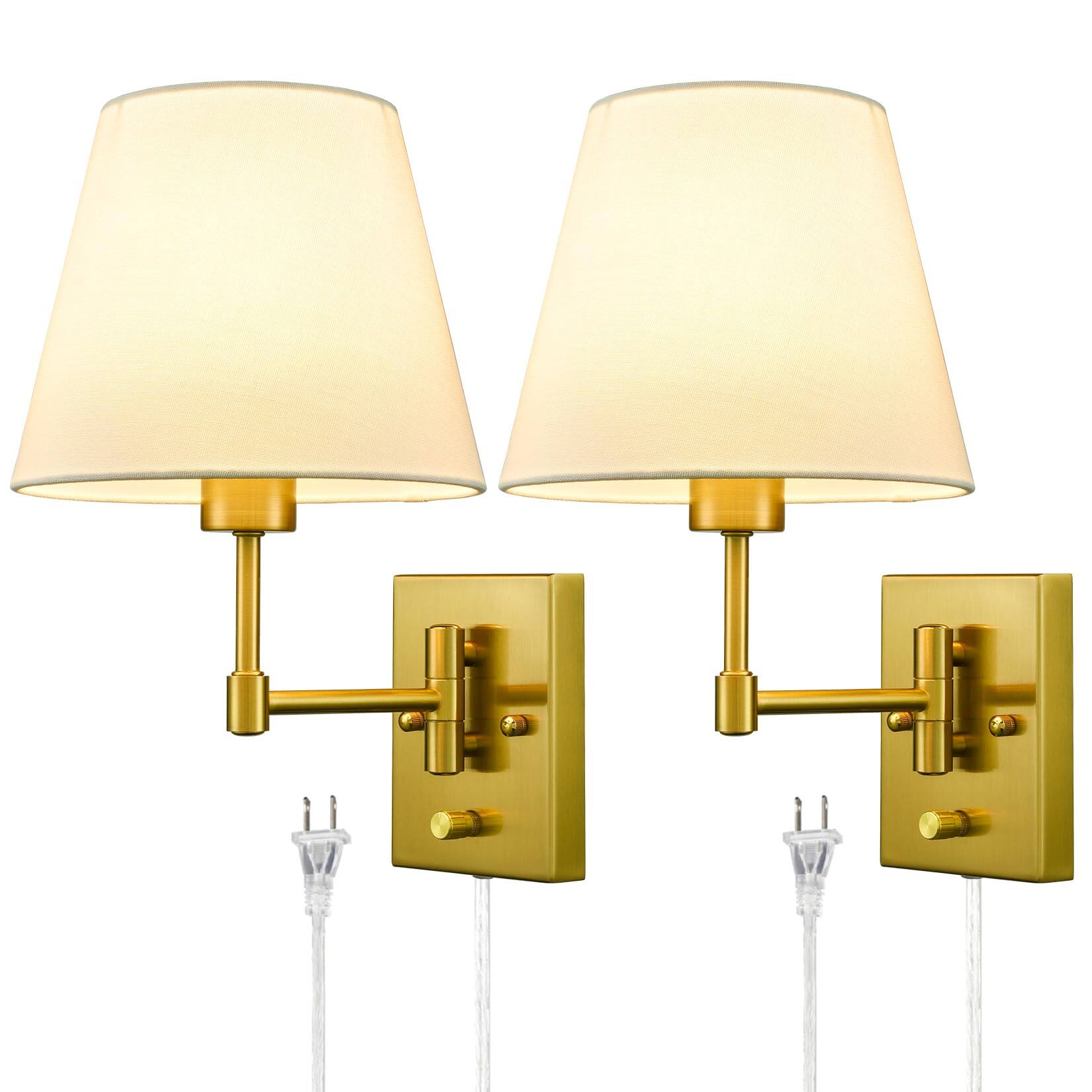 Front. TECH SAFARI - Plug in Wall Sconces Set Of Two Beige Shade Brass Swing Arm Lamp With Cord Mount Light For Bedroom Living Room - Gold.