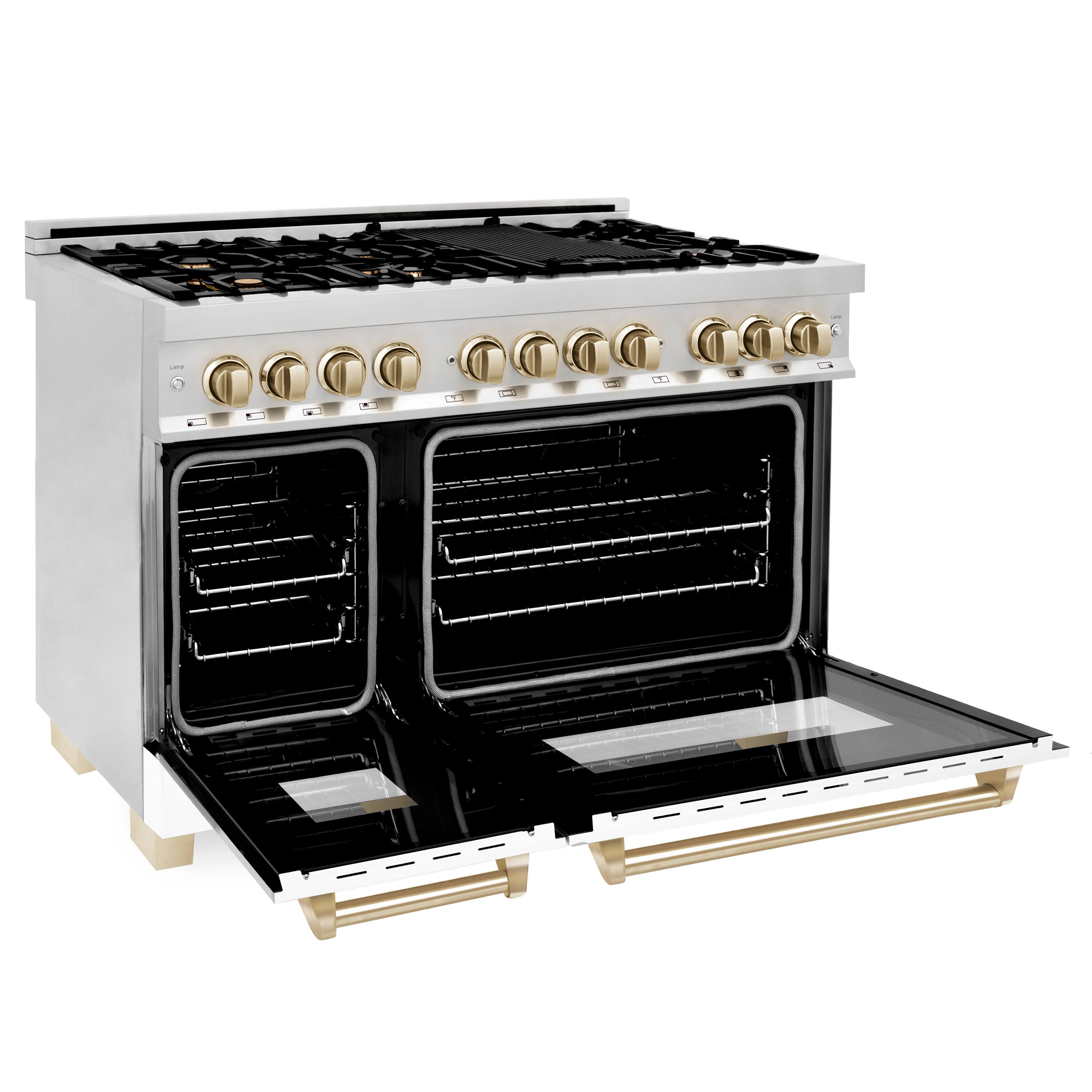 Left. ZLINE - Autograph 48" Legacy Dual Fuel Range w/ 7 Burners & White & Gold Accents (RAZ-WM-48-G) - Stainless steel.