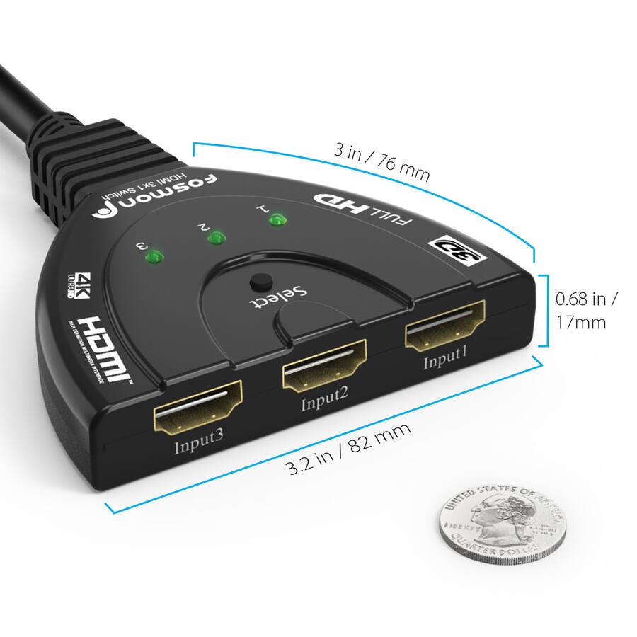 Commutateur HDMI 4K 3 Entrées 1 Sortie - Switch Avec Câble 40 Cm, 4K@30Hz, HDR, Plug & Play - Pour TV, PC, Console, Projecteur