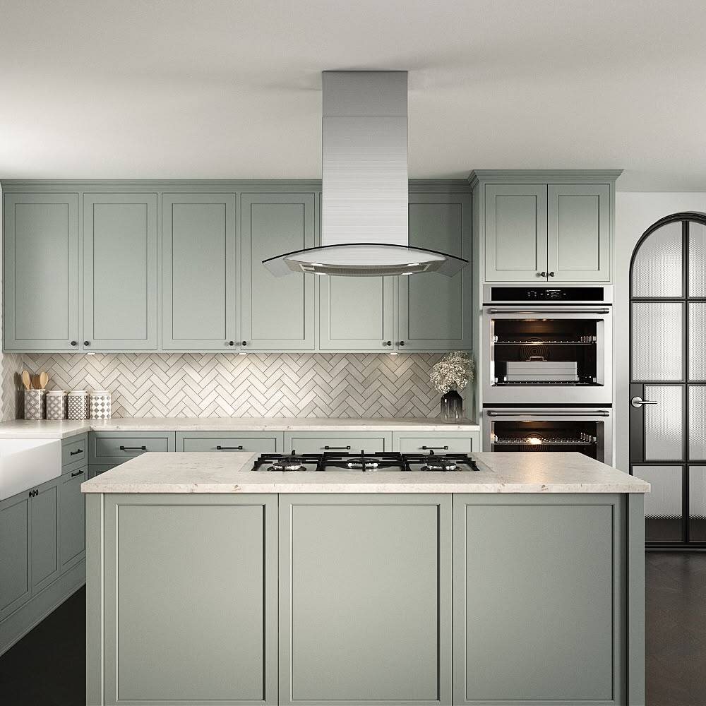 Left. Streamline - 30 in. Merone Ducted Island 350 CFM Range Hood, Mesh Filters, Touchpad Control, LED Lights - Brushed Stainless Steel.