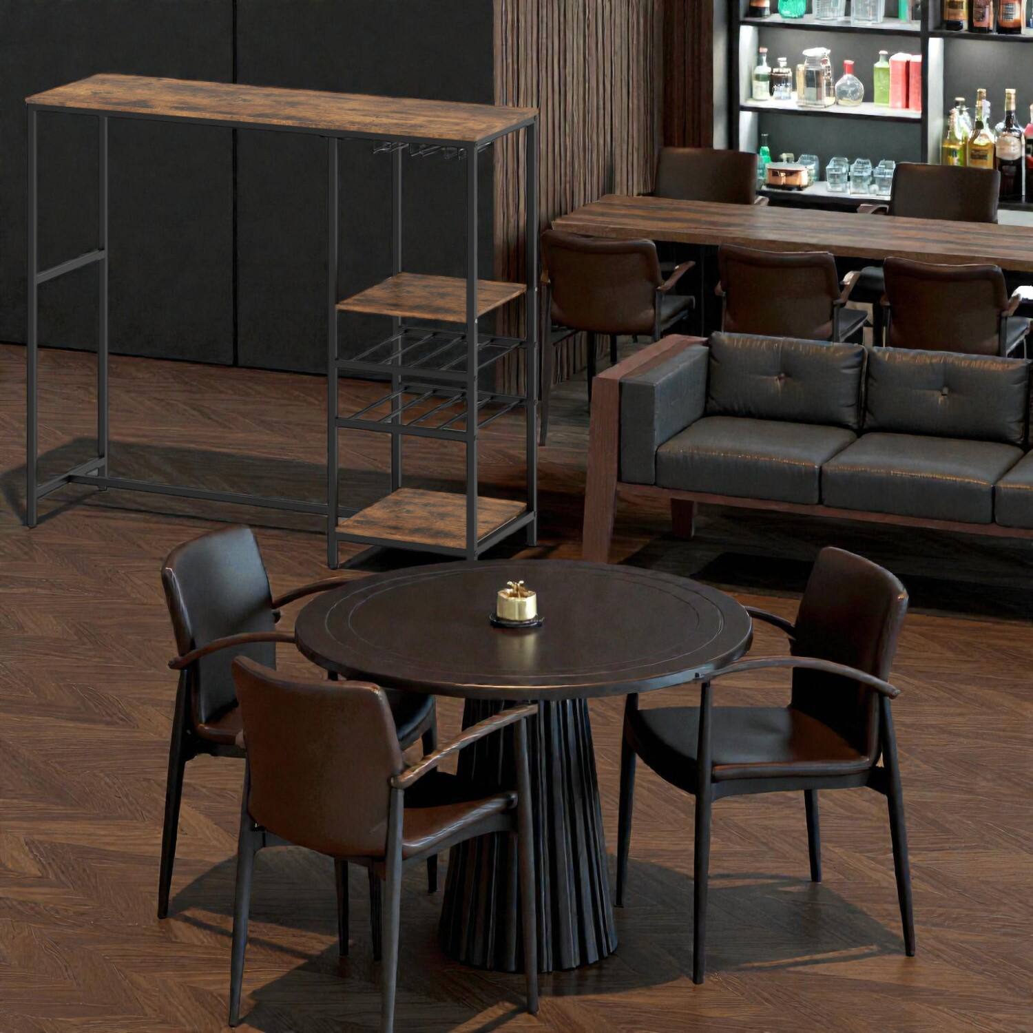 Front. Hivvago - Rectangular Bar Dining Table with Integrated Shelving for Storage - Rustic Brown.