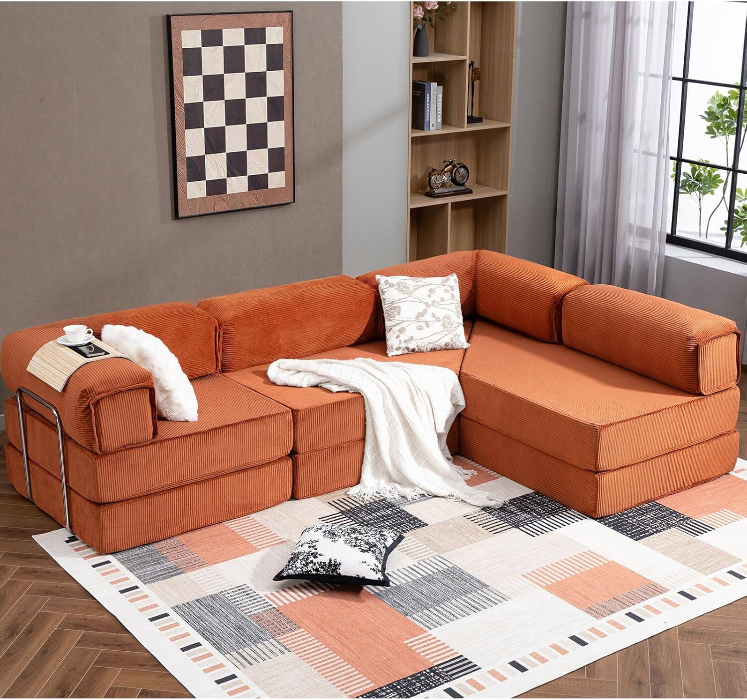 Back. Yardgrace - 108" L-Shaped Modular Sectional Sofa, Cloud Deep Seat Chaise with Removable Pillow, No Assembly Required - Red.