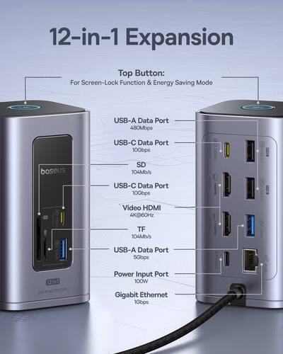 Baseus Docking Station, 16-in-1 USB C Hub to Display on 4 Monitors, 2 HMDI, 2 DP Baseus Docking Station, 16-in-1 USB C Hub to Display on 4 Monitors, 2 HMDI, 2 DP