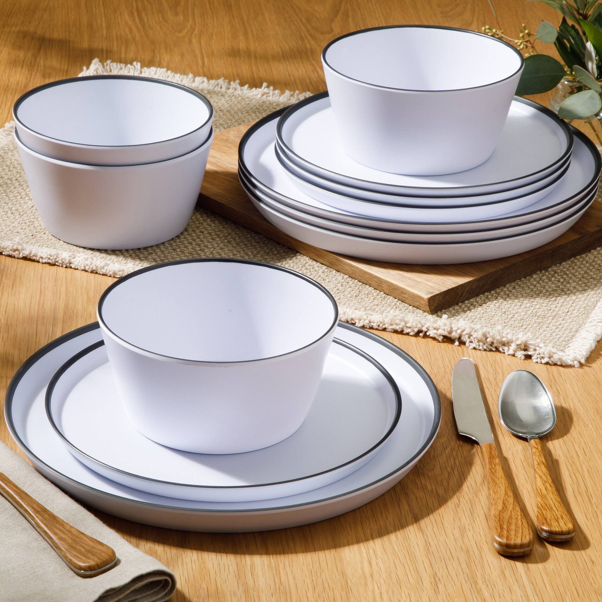 Alt View 6. Gibson - Gibson Home Folsom Shores 12 Piece Melamine Dinnerware Set in White w/ Black Rim - White and Black Rim.