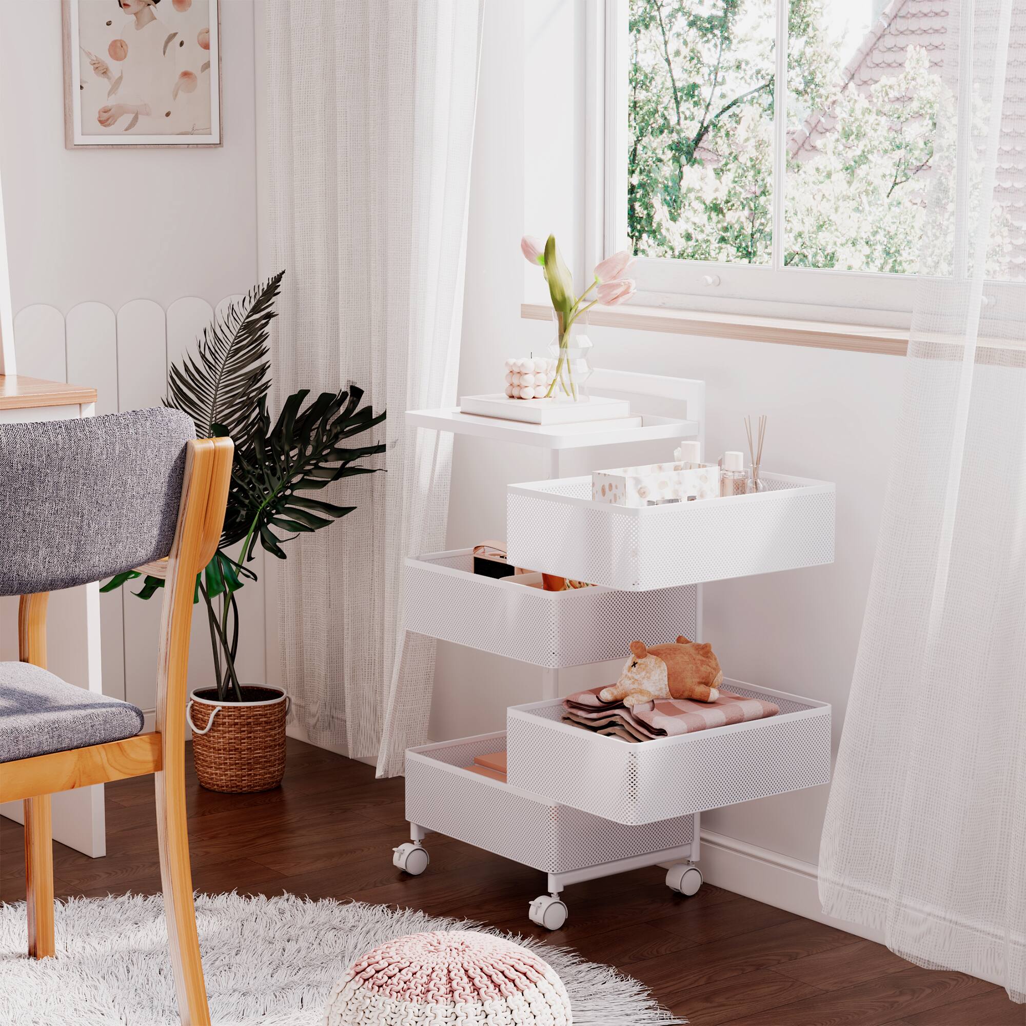 Alt View 2. Malletson - 5-Tier Rotating Kitchen Storage Cart with Wheels, Metal Mesh Organizer for Fruits, Vegetables, and Kitchen Supplies - White.