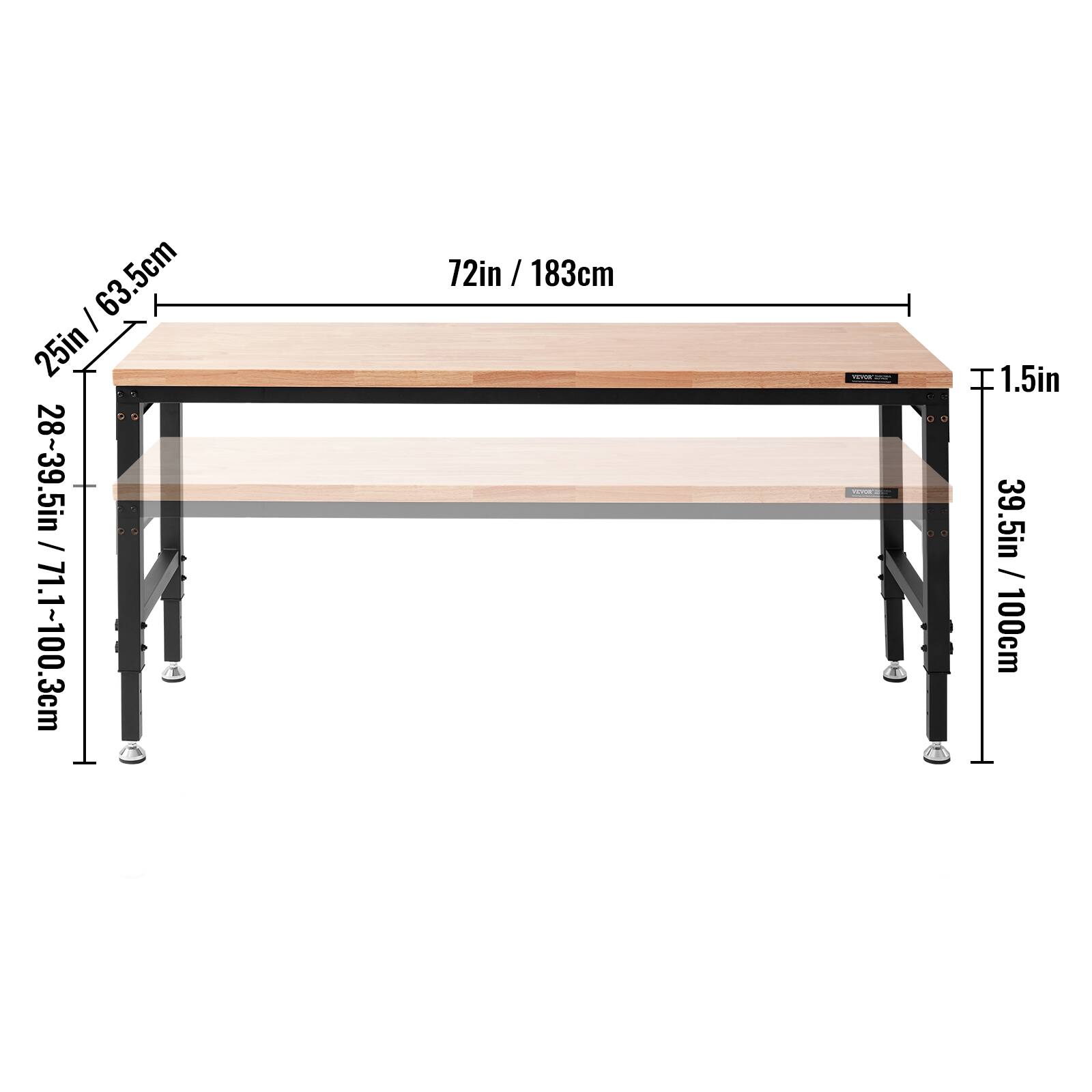 - Tabletop width: 72in / 183cm
- Tabletop depth: 25in / 63.5cm
- Adjustable height range: 28.5in - 39.5in / 71.1cm - 100.3cm
- Leg width: 39.5in / 100cm
- Leg thickness: 1.5in