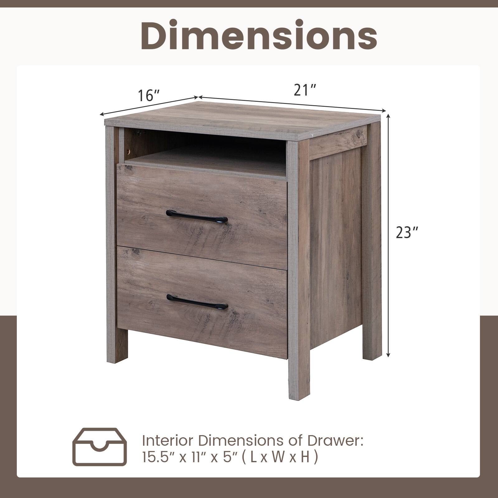 Dimensions: 16" x 21" x 23"
Interior Dimensions of Drawer: 15.5" x 11" x 5" (L x W x H)