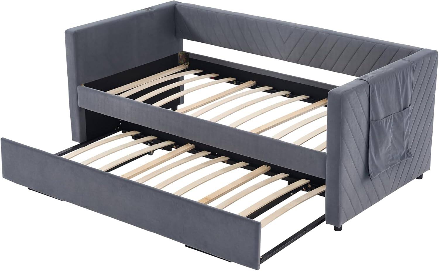 Alt View 2. Trinkets Crazed - Twin Daybed with Pop Up Trundle, Velvet Upholstered Extendable Daybed with USB Ports & Pockets - gray.