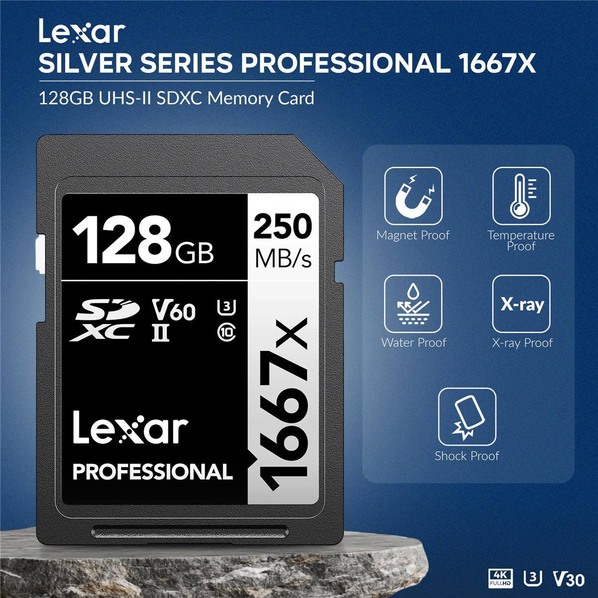 Lexar SILVER SERIES PROFESSIONAL 1667X 128GB UHS-II SDXC Memory Card 250 MB/s SP V60 3 XC II Lexar 1667x Magnet Proof Temperature Proof X-ray Water Proof X-ray Proof Shock Proof 4K 3 FULLHD V30