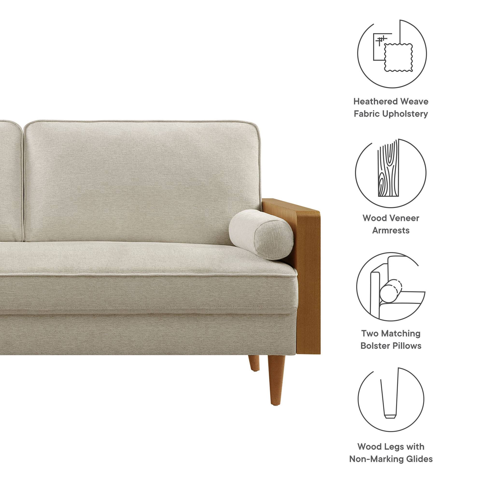 - Heathered Weave Fabric Upholstery
- Wood Veneer Armrests
- Two Matching Bolster Pillows
- Wood Legs with Non-Marking Glides
