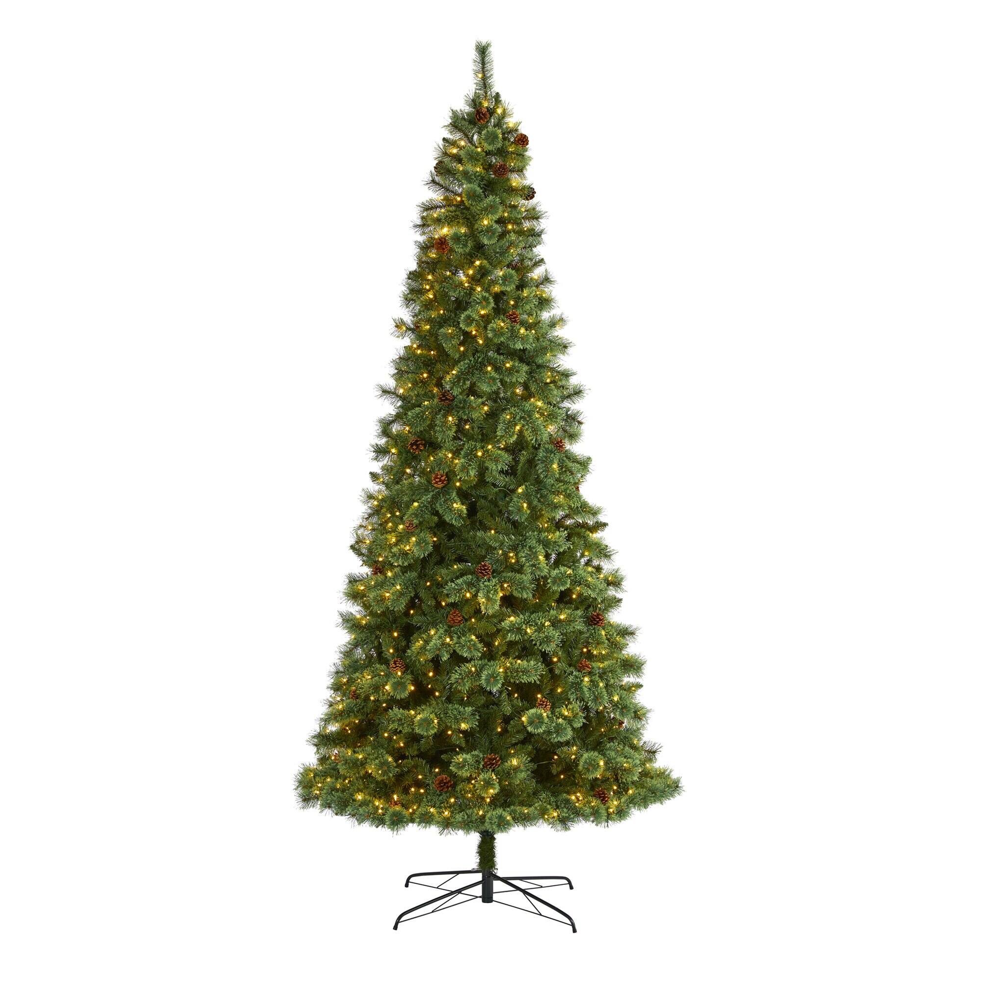 Front. BreeBe - 10’ White Mountain Pine Christmas Tree 850 LEDs & Pine Cones - Brown, Green.