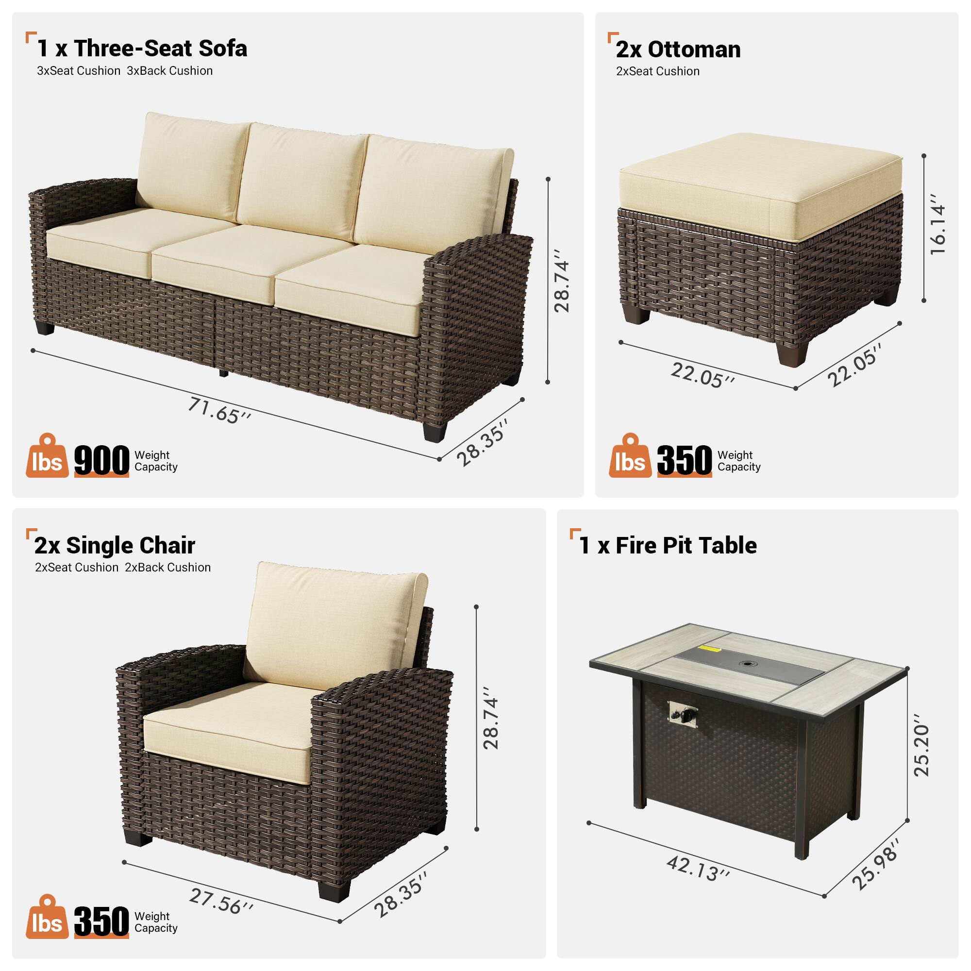 1 x Three-Seat Sofa  
3x Seat Cushion  
3x Back Cushion  
2x Ottoman  
2x Seat Cushion  
71.65"  
900 lbs Weight Capacity  
28.35"  
28.74"  
22.05"  
350 lbs Weight Capacity  
22.05"  
16.14"  
2x Single Chair  
2x Seat Cushion  
2x Back Cushion  
27.56"  
350 lbs Weight Capacity  
28.35"  
28.74"  
1 x Fire Pit Table  
42.13"  
25.20"  
25.98"