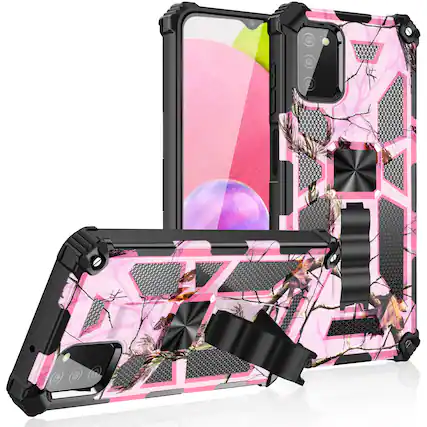 Front. Reiko - Built-In Kickstand Tpu Case With Magnetic Mount For Samsung Galaxy A02S In Tree Leaf Patterns - Multicolor.