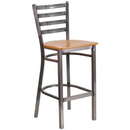 Emma + Oliver - Clear Coated Ladder Back Metal Restaurant Dining Barstool - Natural Wood Seat/Clear Coated Metal Frame