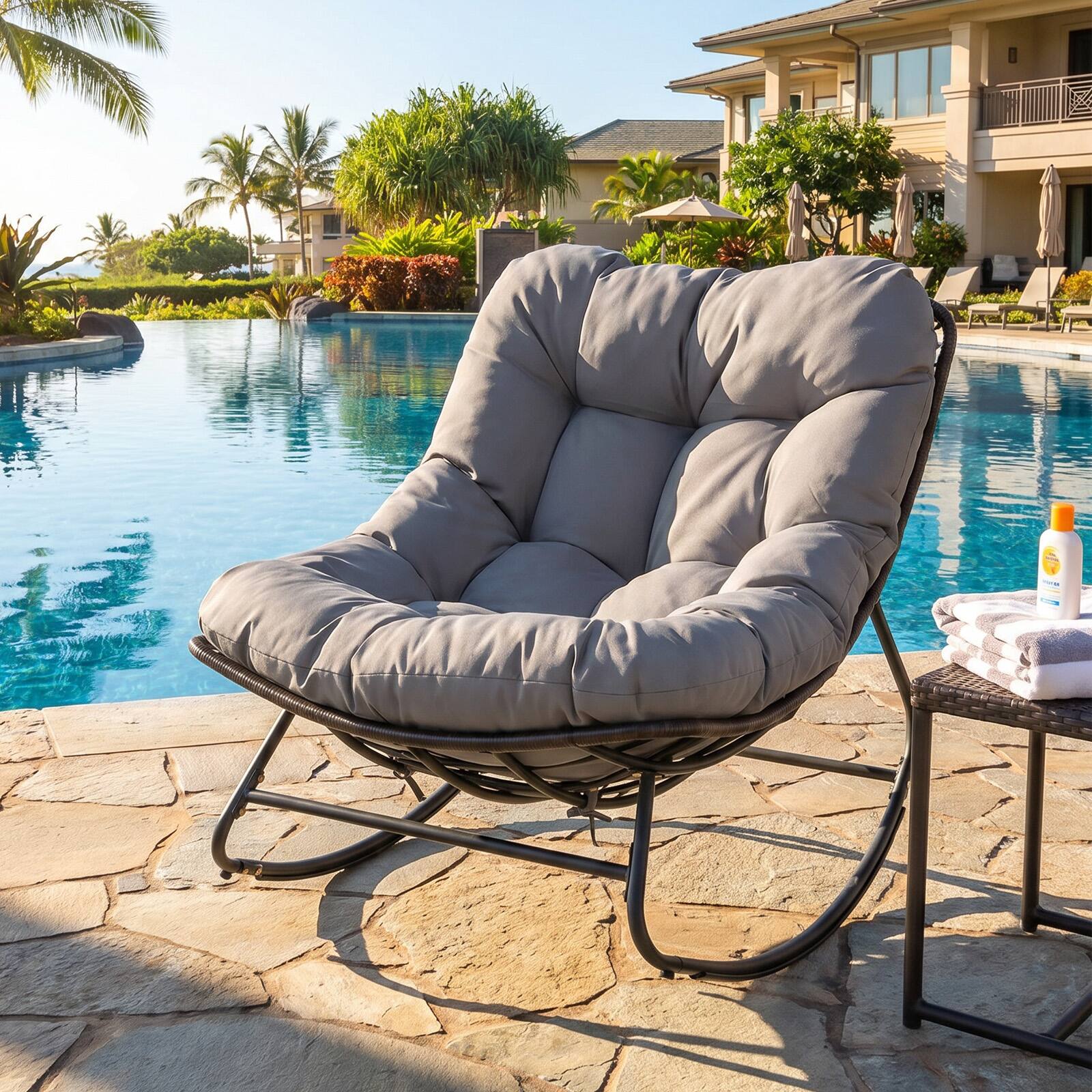 Alt View 3. Costway - Costway Patio Papasan Rocking Chair,Oversized Egg-shaped Rocker with Thick Cushioned Seat - Gray.