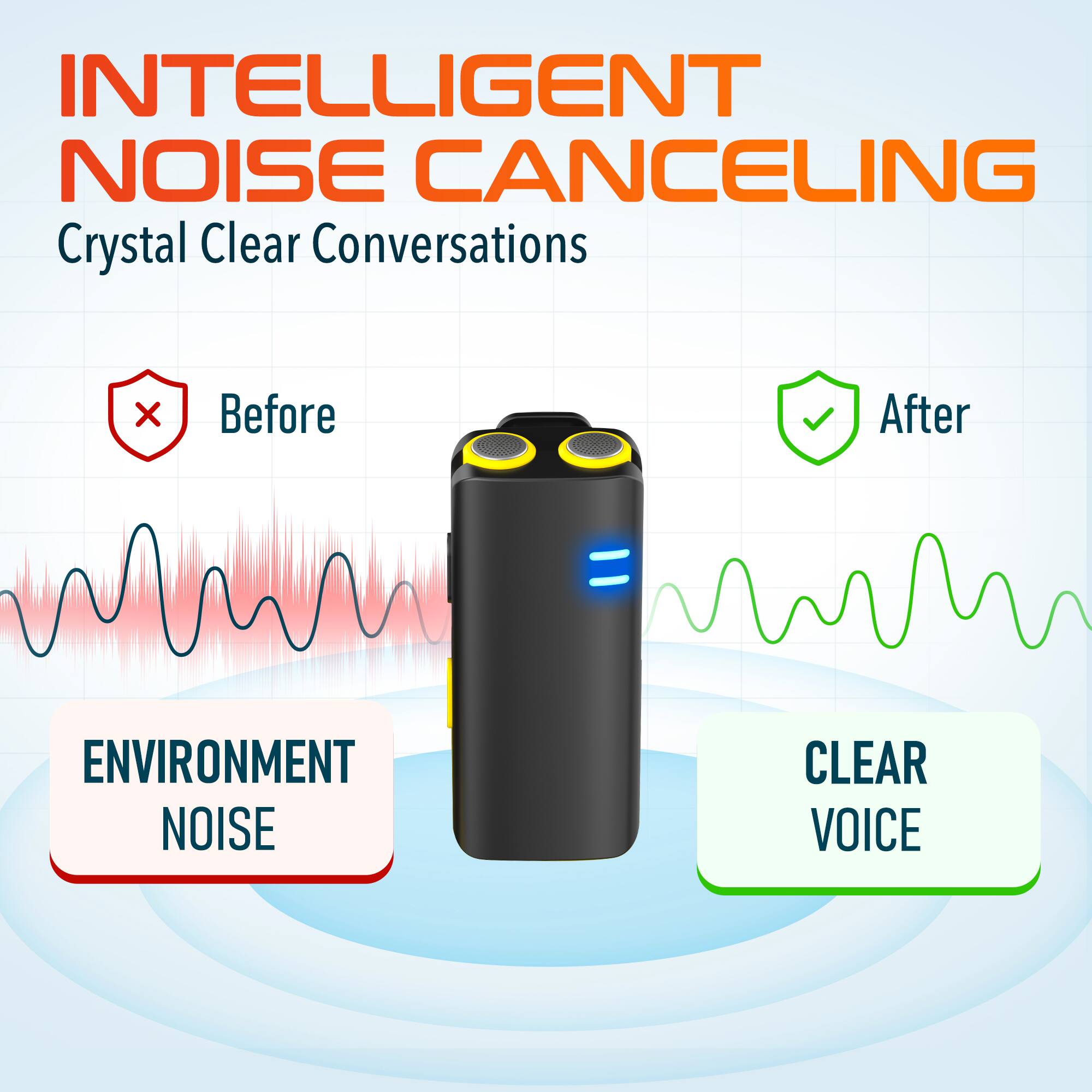 INTELLIGENT NOISE CANCELING Crystal Clear Conversations

Before: ENVIRONMENT NOISE
After: CLEAR VOICE